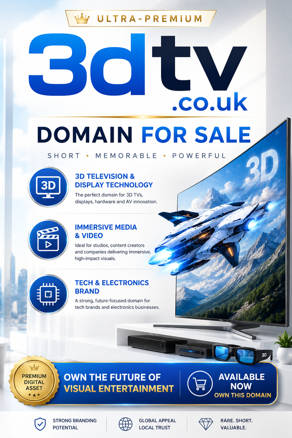 Promotional graphic featuring the domain 3dtv.co.uk with 3D TV visuals and premium branding. Style: bright futuristic luxury.