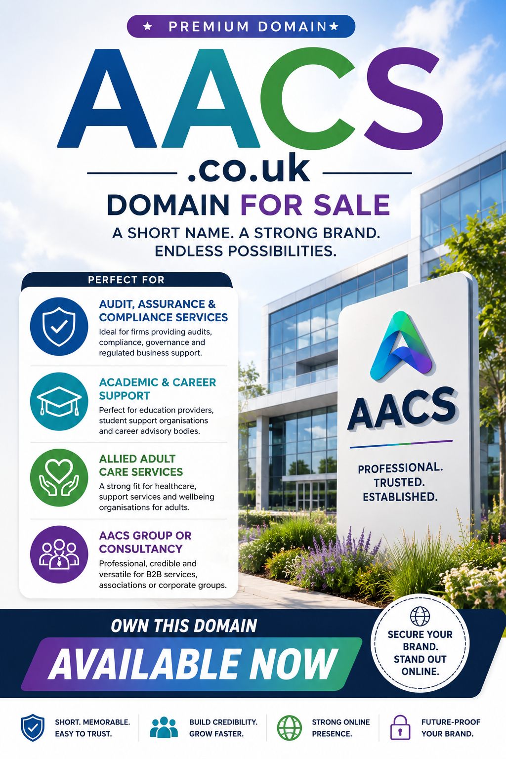 Promotional graphic featuring the domain AACS.co.uk with corporate signage, service icons and modern branding. Style: bright professional.