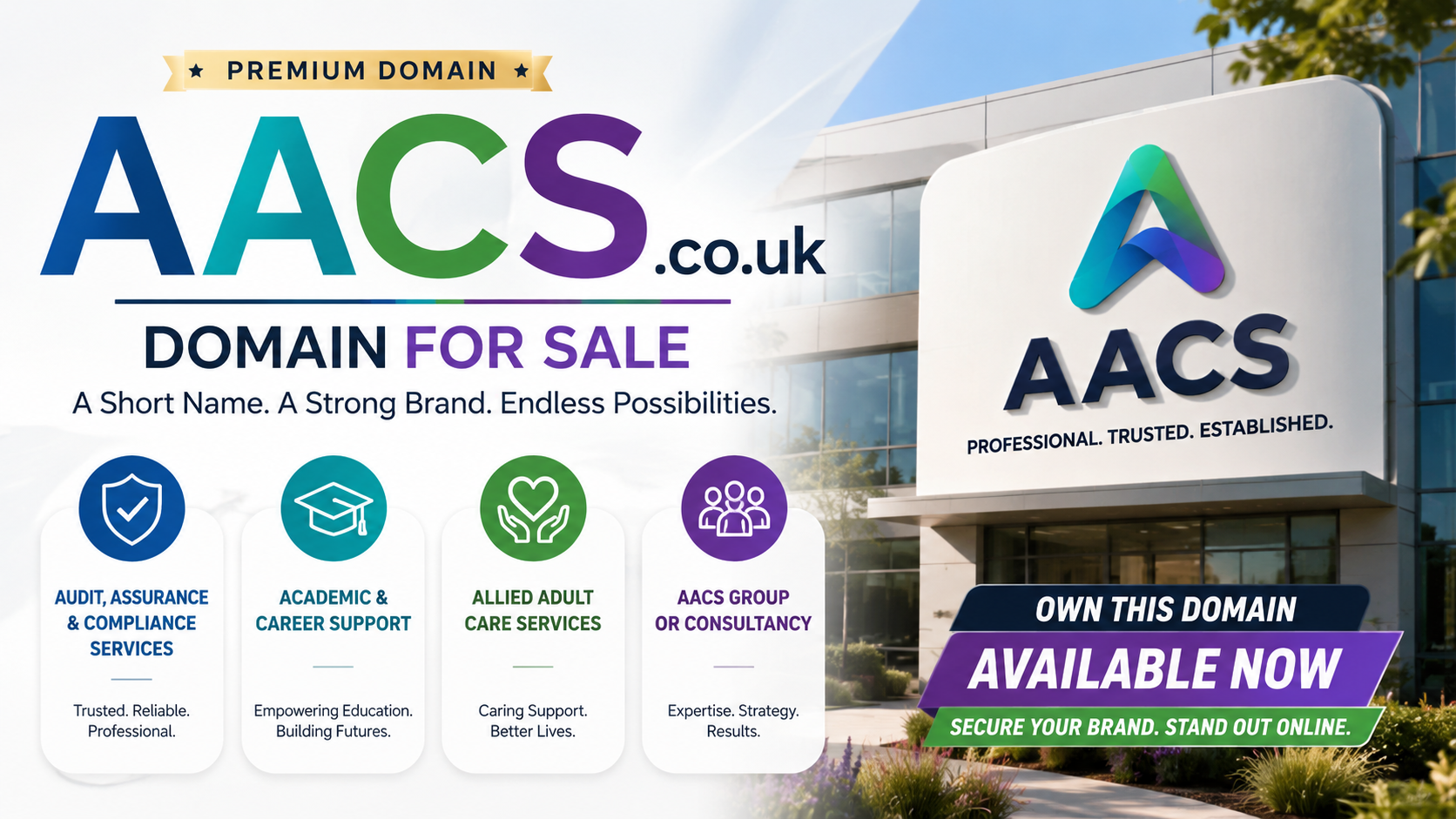 Promotional graphic featuring the domain AACS.co.uk with corporate signage, service icons and modern branding. Style: bright professional.