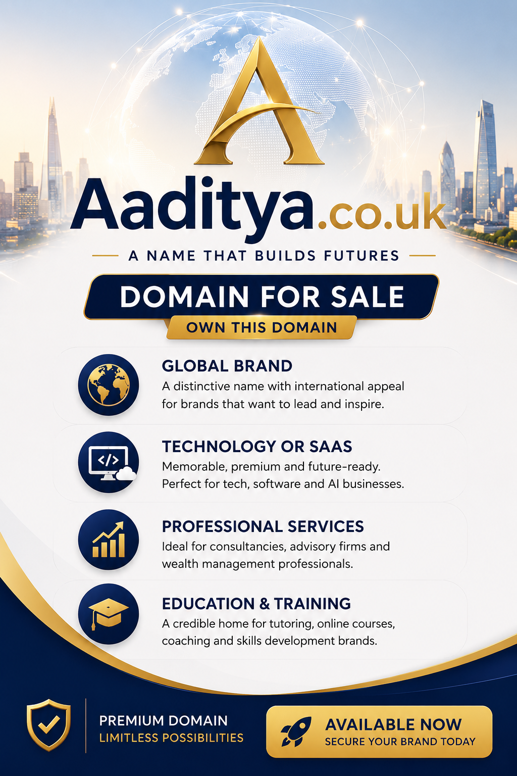 Promotional graphic featuring the domain Aaditya.co.uk, shown with a global network globe and premium A monogram. Style: modern luxury.
