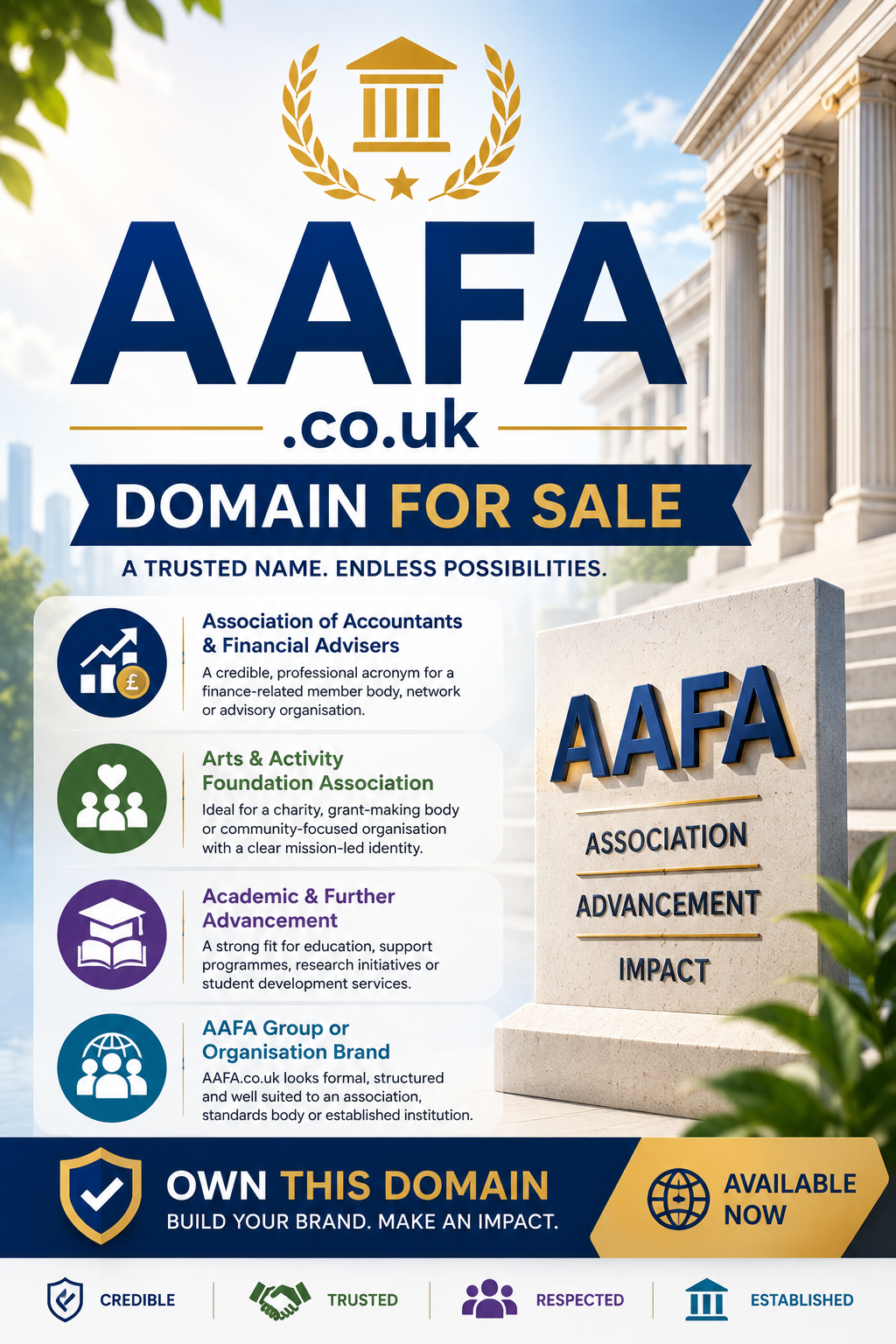 Promotional domain graphic featuring AAFA.co.uk, shown with association-themed icons and a professional monument display. Style: bright corporate and institutional.