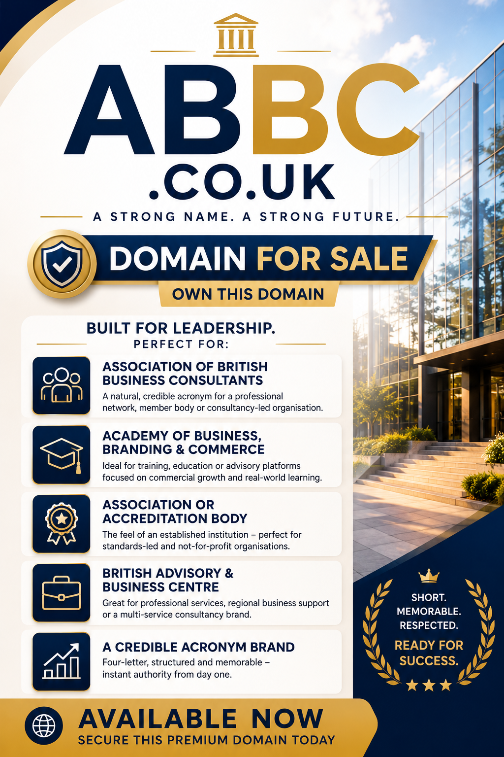 Promotional graphic featuring the domain ABBC.co.uk with institutional branding, consultancy icons and modern business architecture. Style: premium corporate.