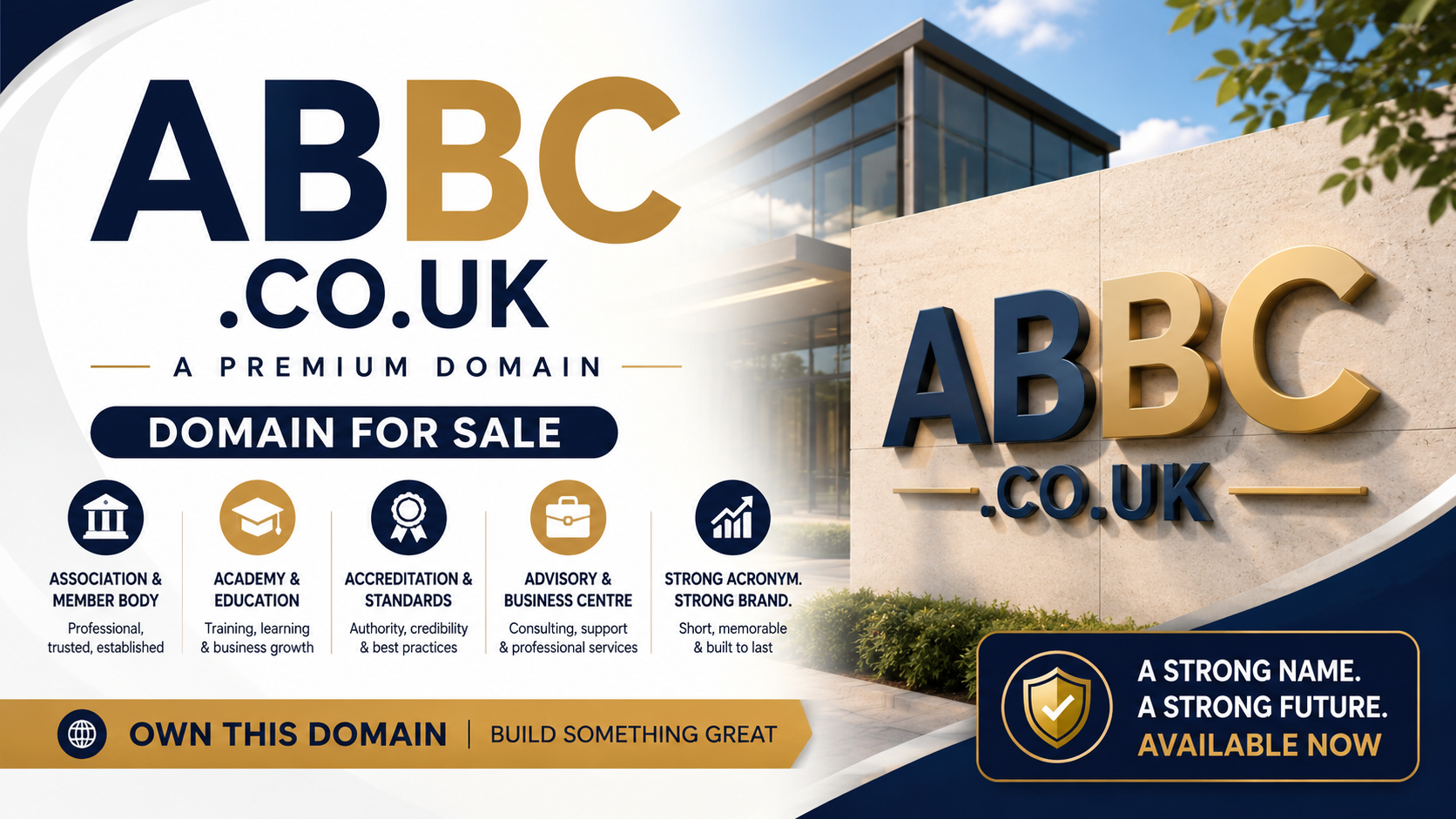 Promotional graphic featuring the domain ABBC.co.uk with institutional branding, consultancy icons and modern business architecture. Style: premium corporate.