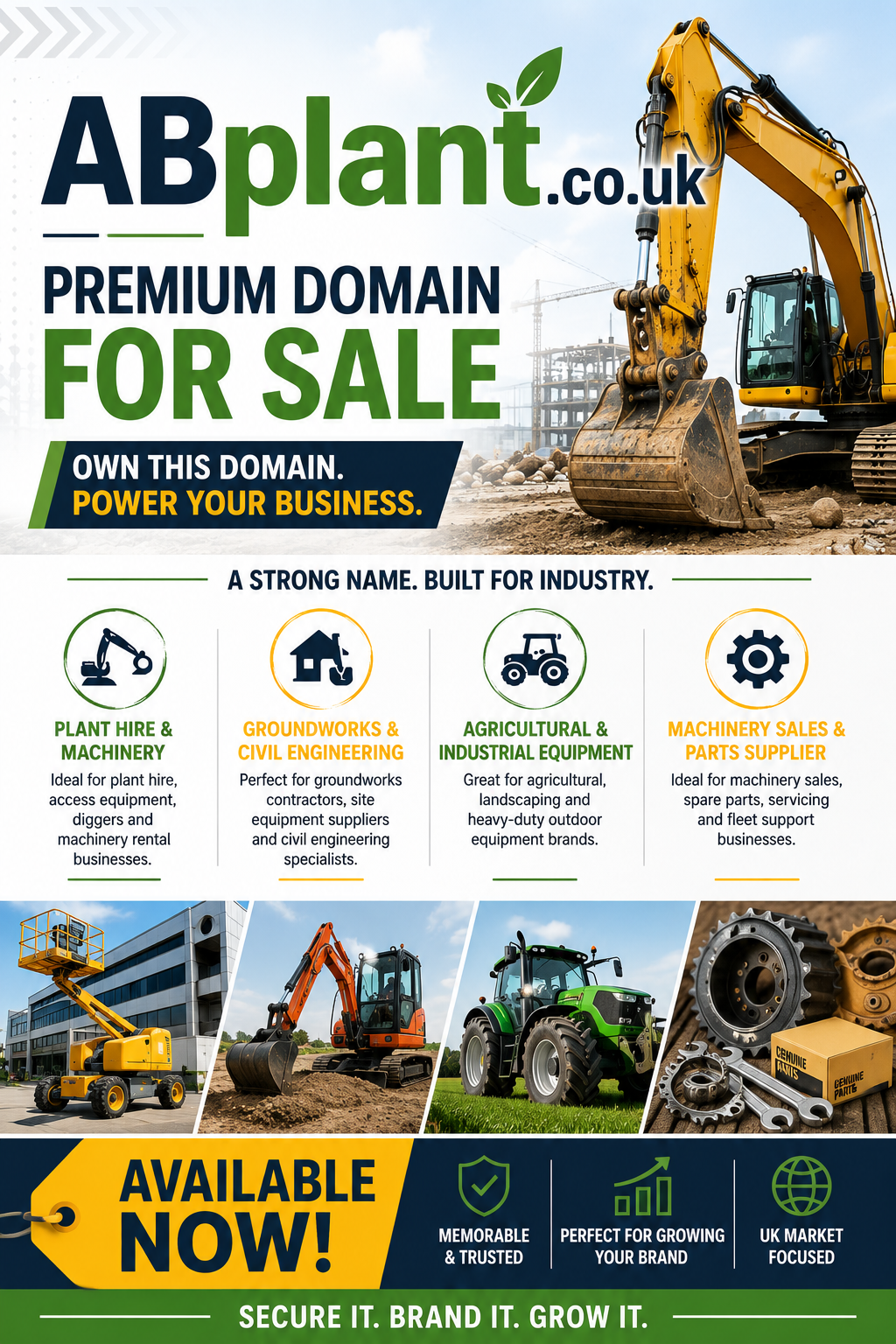Promotional graphic featuring the domain ABplant.co.uk, shown with excavators and machinery icons. Style: bright modern industrial branding.
