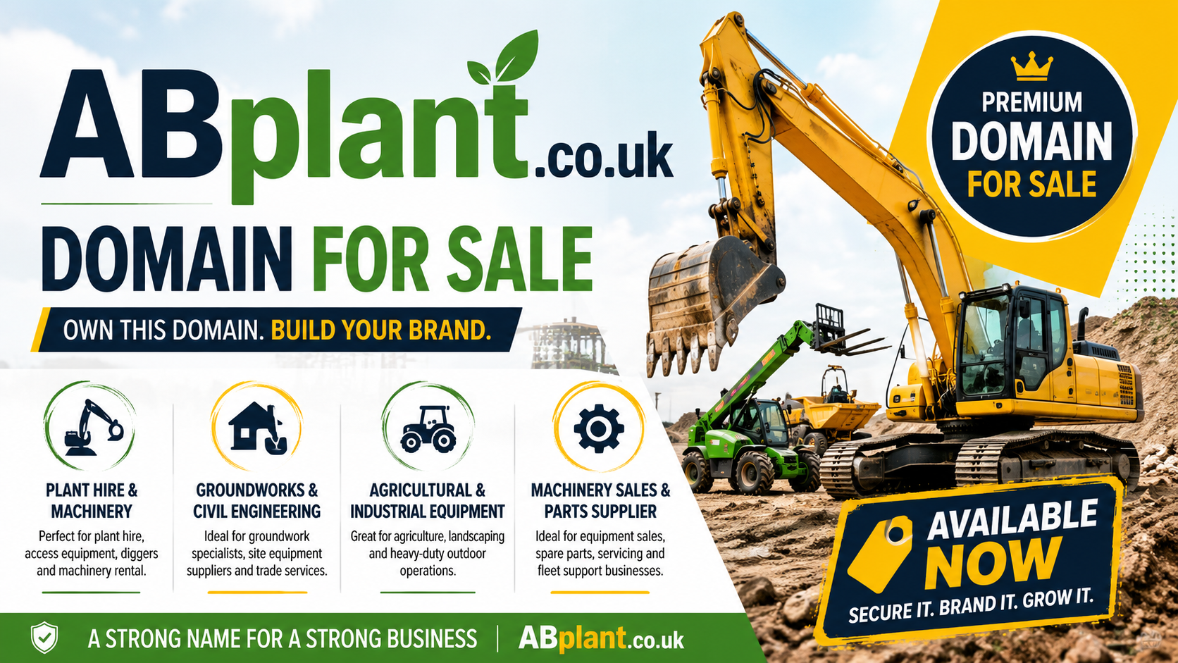 Promotional graphic featuring the domain ABplant.co.uk, shown with excavators and machinery icons. Style: bright modern industrial branding.