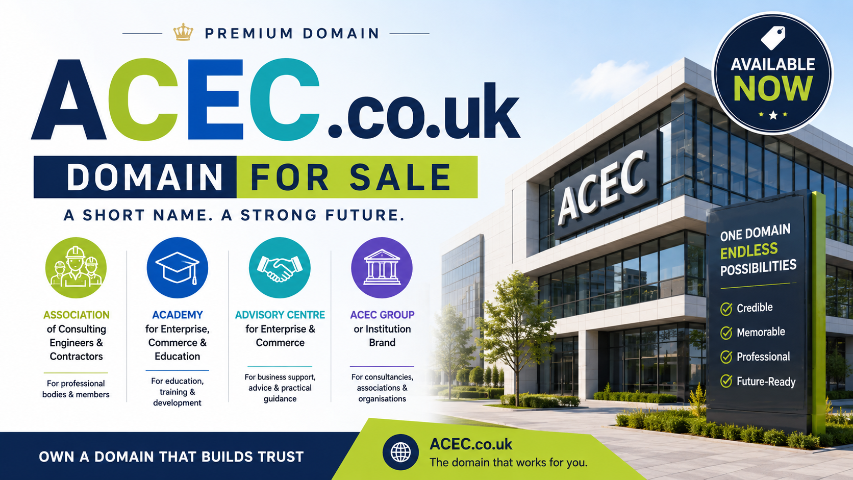 Promotional graphic featuring the domain ACEC.co.uk with modern office buildings, business icons and bold for-sale branding. Style: clean corporate.