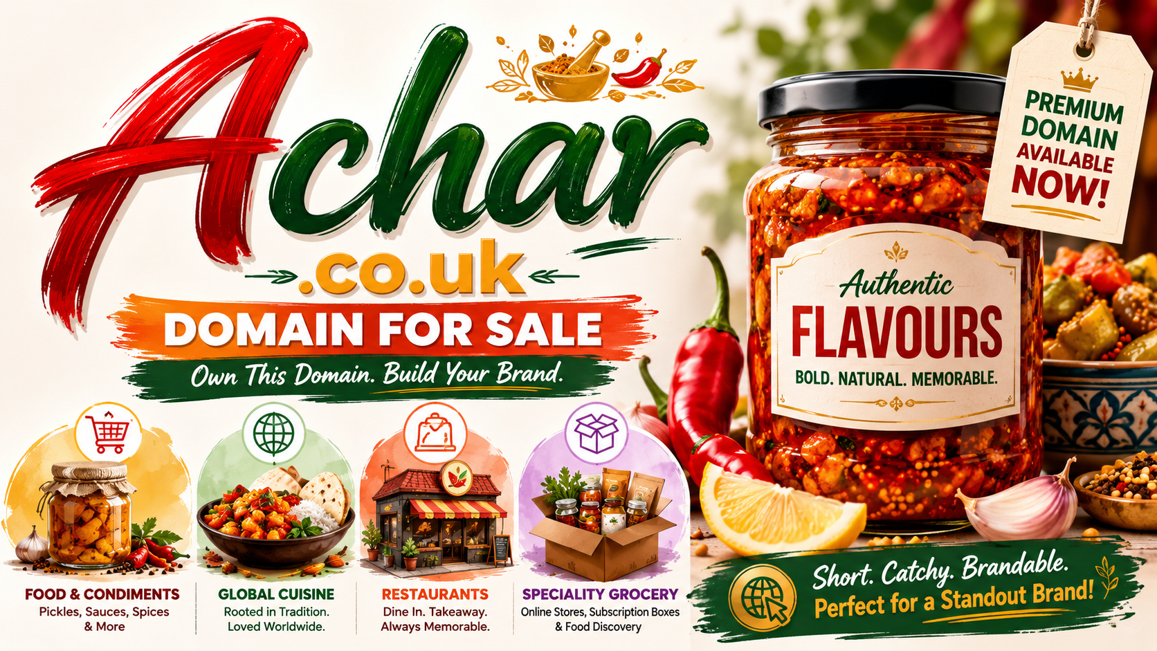 Promotional graphic featuring the domain Achar.co.uk, shown with authentic pickle jars and spice ingredients. Style: bright premium food branding.