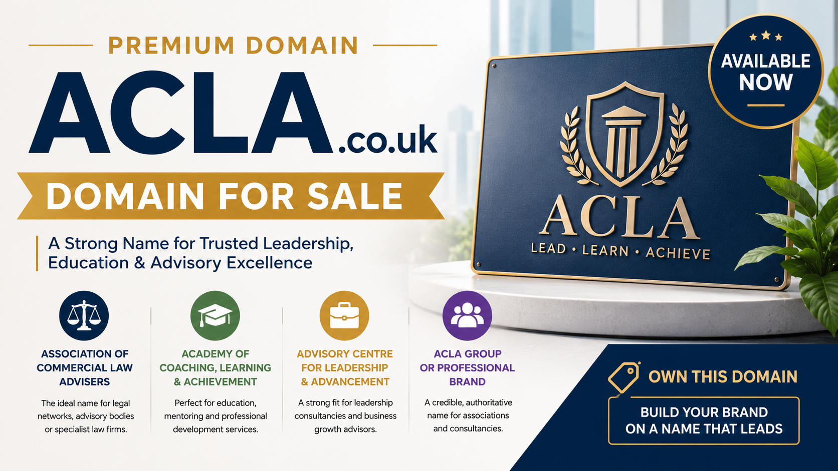 Promotional domain graphic featuring ACLA.co.uk, shown with a leadership crest and professional advisory icons. Style: bright premium corporate.