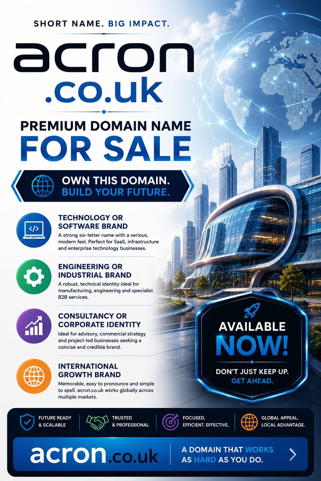Promotional graphic for Acron.co.uk with futuristic tech branding, global network visuals and enterprise styling. Style: sleek modern.