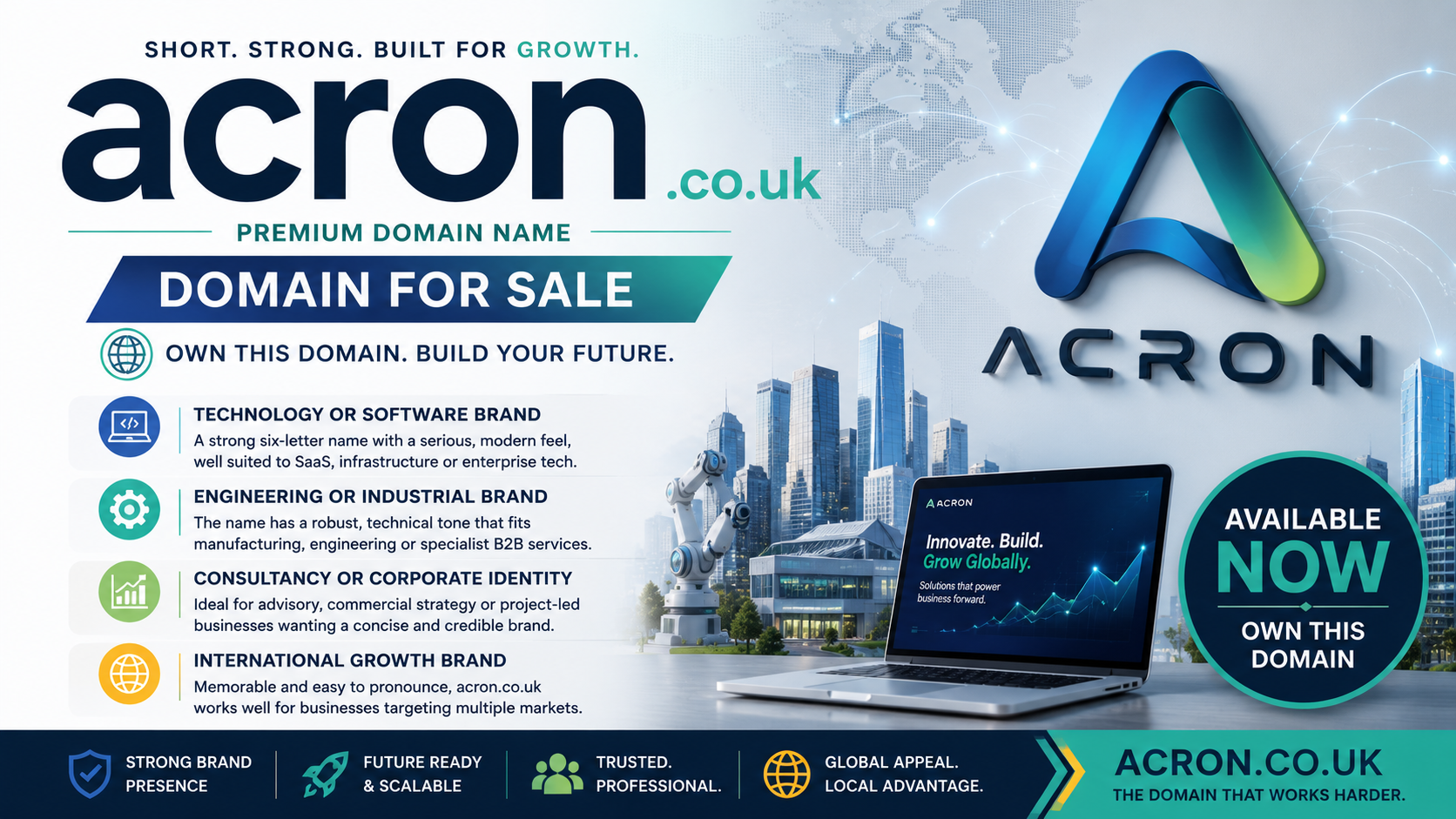 Promotional graphic for Acron.co.uk with futuristic tech branding, global network visuals and enterprise styling. Style: sleek modern.