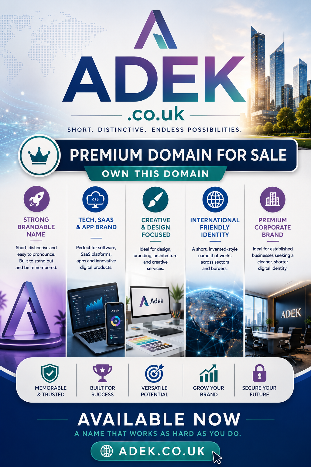 Promotional domain graphic featuring the domain ADEK.co.uk, shown with technology, creative studio and corporate business visuals. Style: modern, premium and professional.