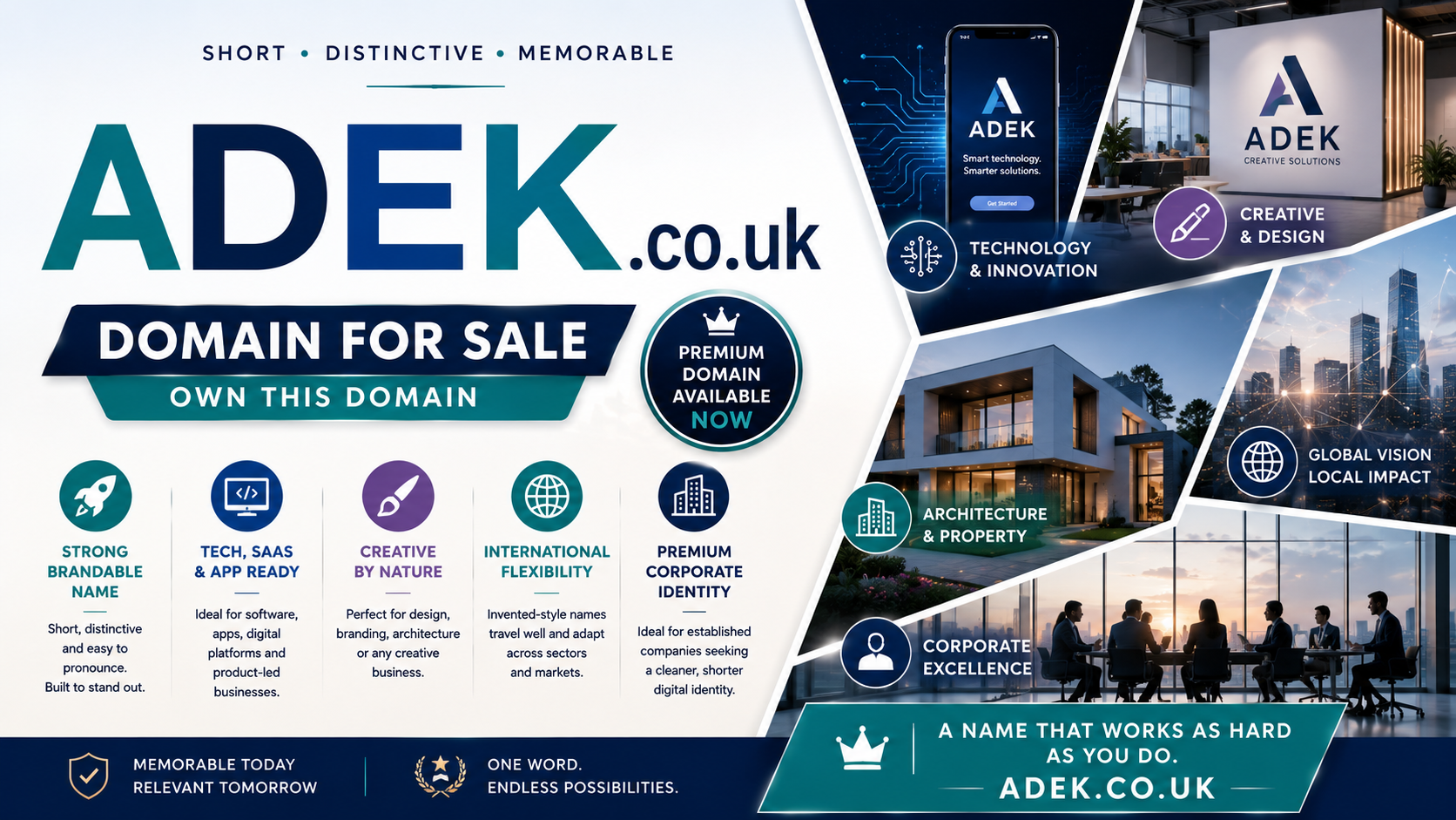 Promotional domain graphic featuring the domain ADEK.co.uk, shown with technology, creative studio and corporate business visuals. Style: modern, premium and professional.