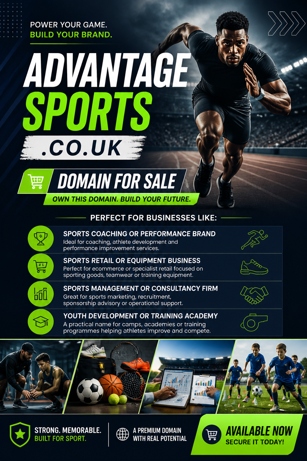 Promotional graphic featuring the domain advantagesports.co.uk, shown with athlete and analytics overlay. Style: modern sporty