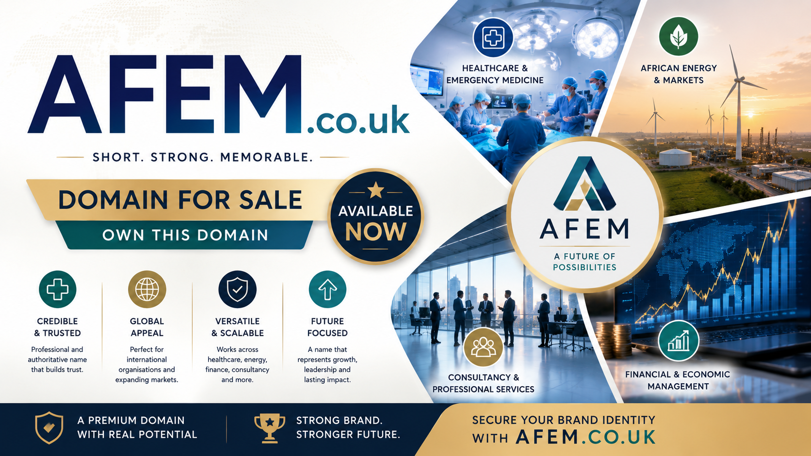 Promotional domain graphic featuring the domain AFEM.co.uk, shown with healthcare, finance and energy imagery. Style: professional, corporate and modern.