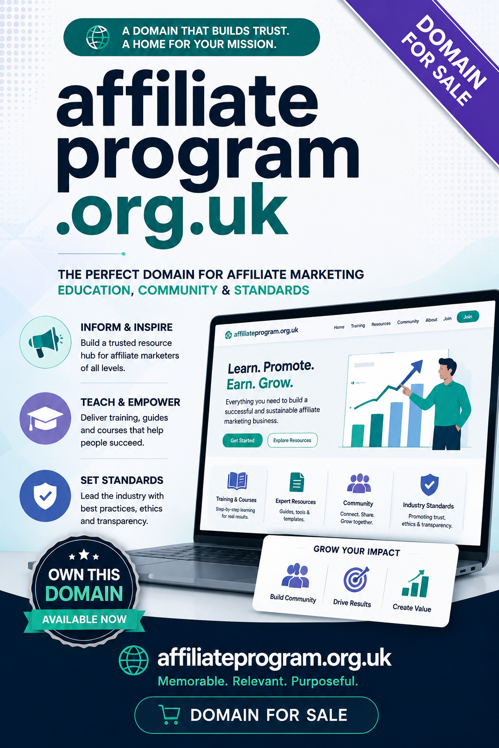 Promotional graphic for affiliateprogram.org.uk with training portal UI, growth icons and modern teal branding.