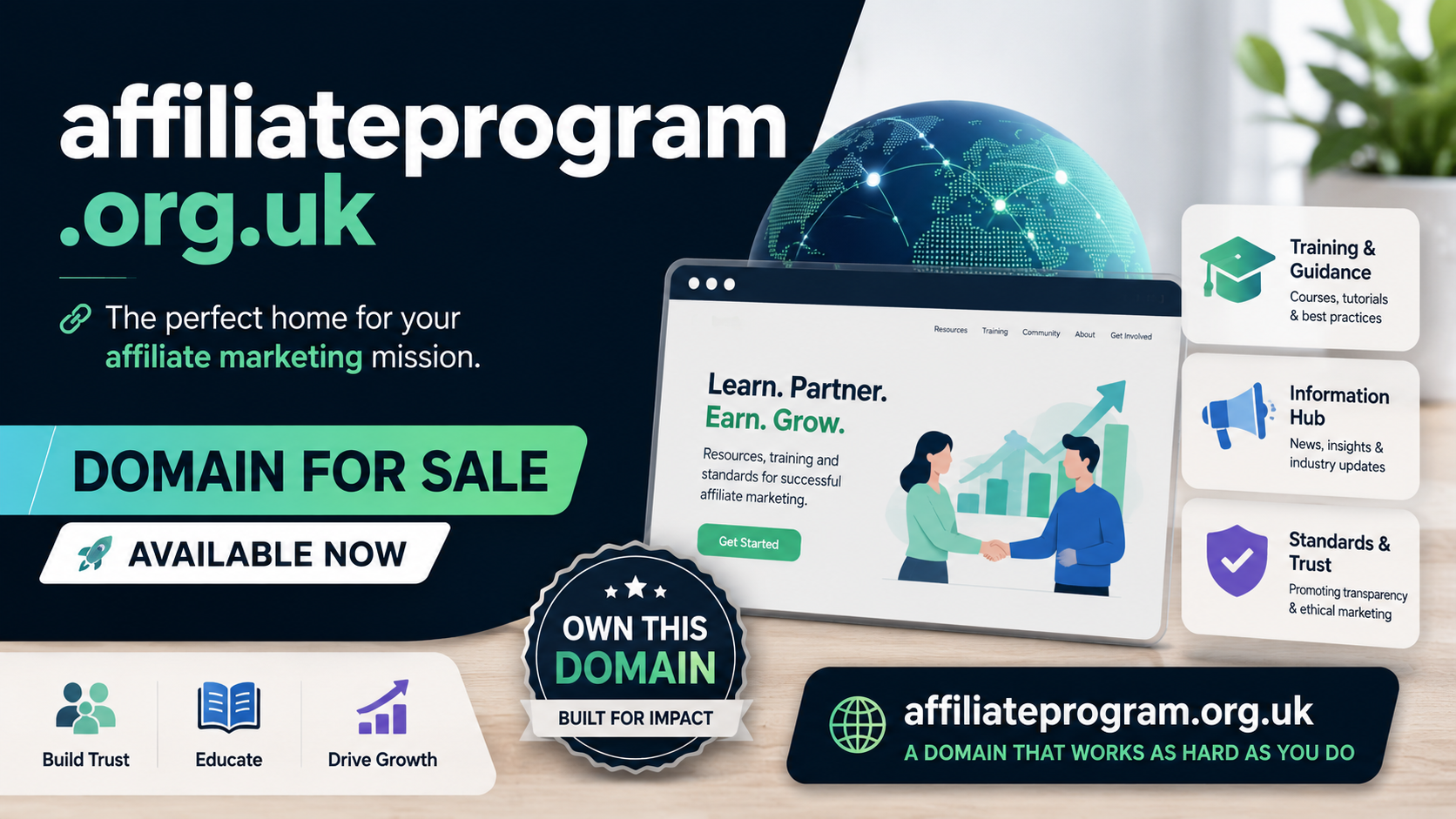 Promotional graphic for affiliateprogram.org.uk with training portal UI, growth icons and modern teal branding.