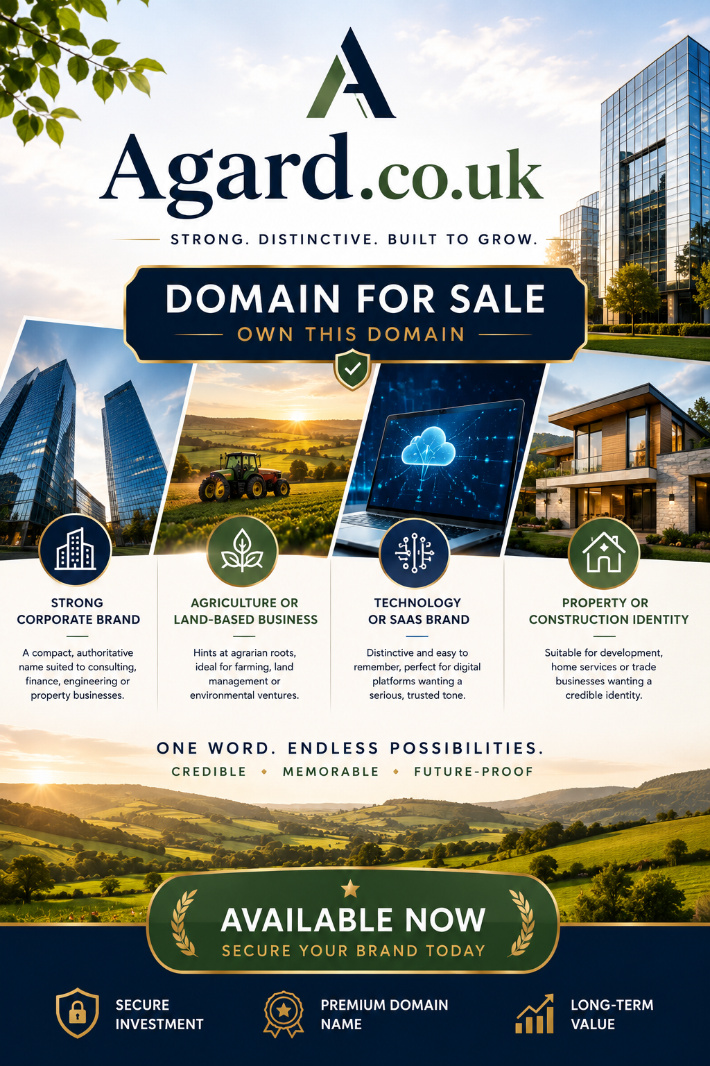 Promotional domain graphic featuring the domain Agard.co.uk, shown with corporate buildings and countryside imagery. Style: modern, professional and premium.