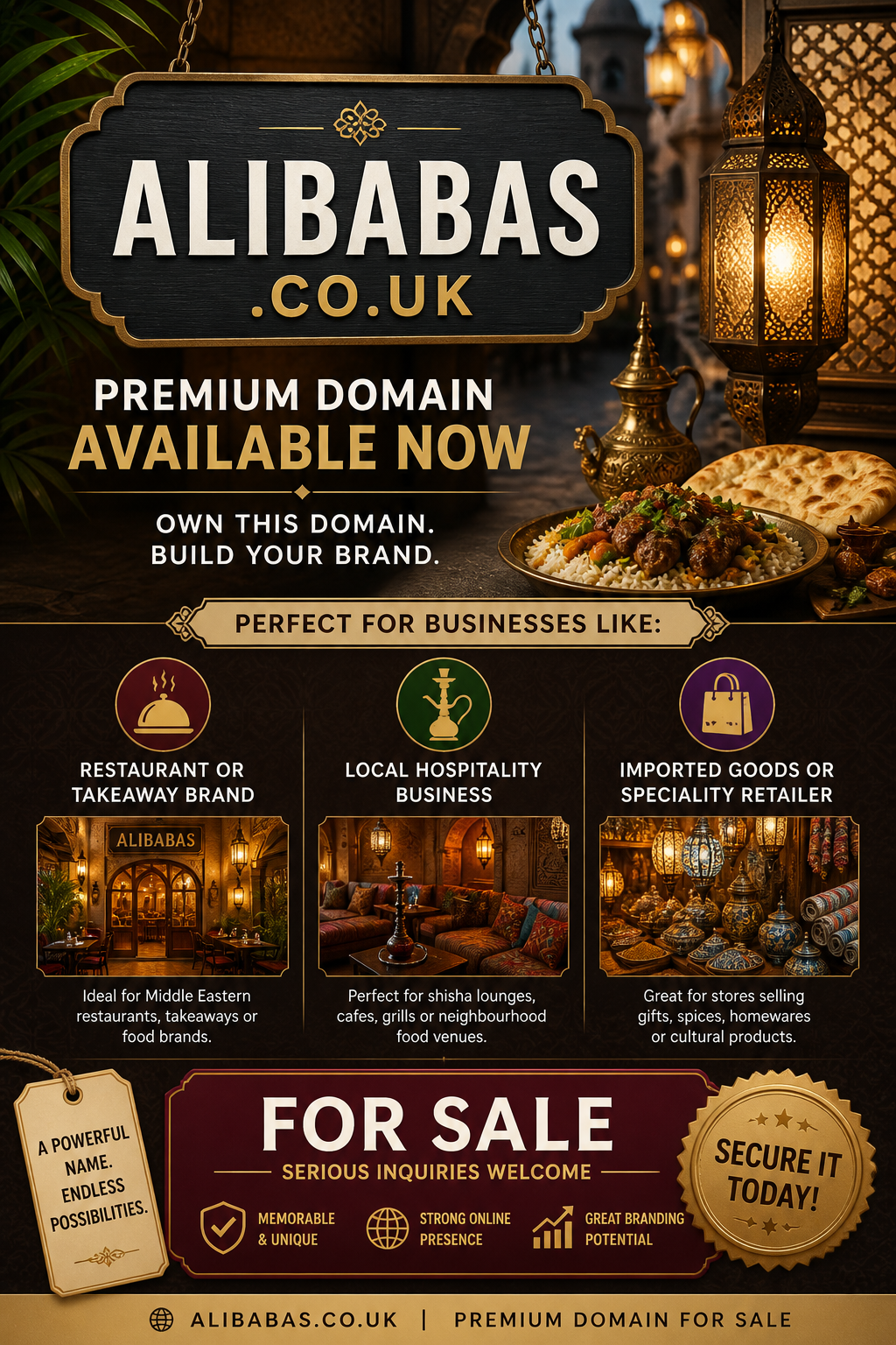 Promotional graphic featuring the domain alibabas.co.uk, shown with lantern and food platter. Style: warm Middle Eastern