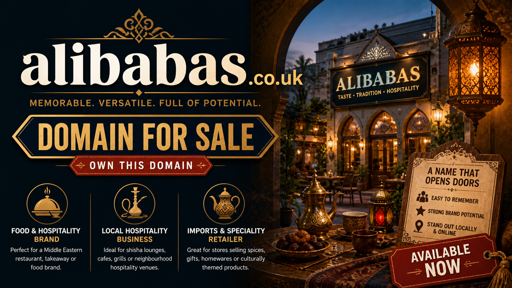 Promotional graphic featuring the domain alibabas.co.uk, shown with lanterns and restaurant scene. Style: rich cultural hospitality.