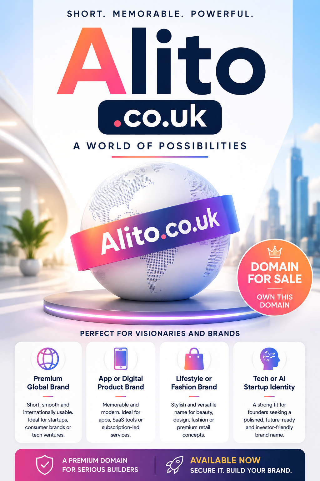 Promotional graphic featuring the domain Alito.co.uk, shown with a digital globe and startup-themed icons. Style: bright, modern and premium.