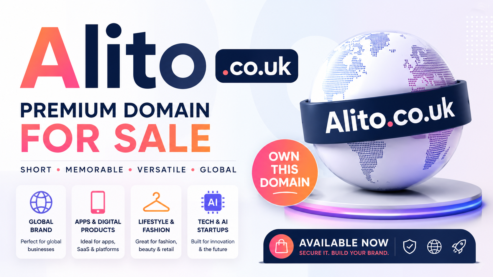 Promotional graphic featuring the domain Alito.co.uk, shown with a digital globe and startup-themed icons. Style: bright, modern and premium.