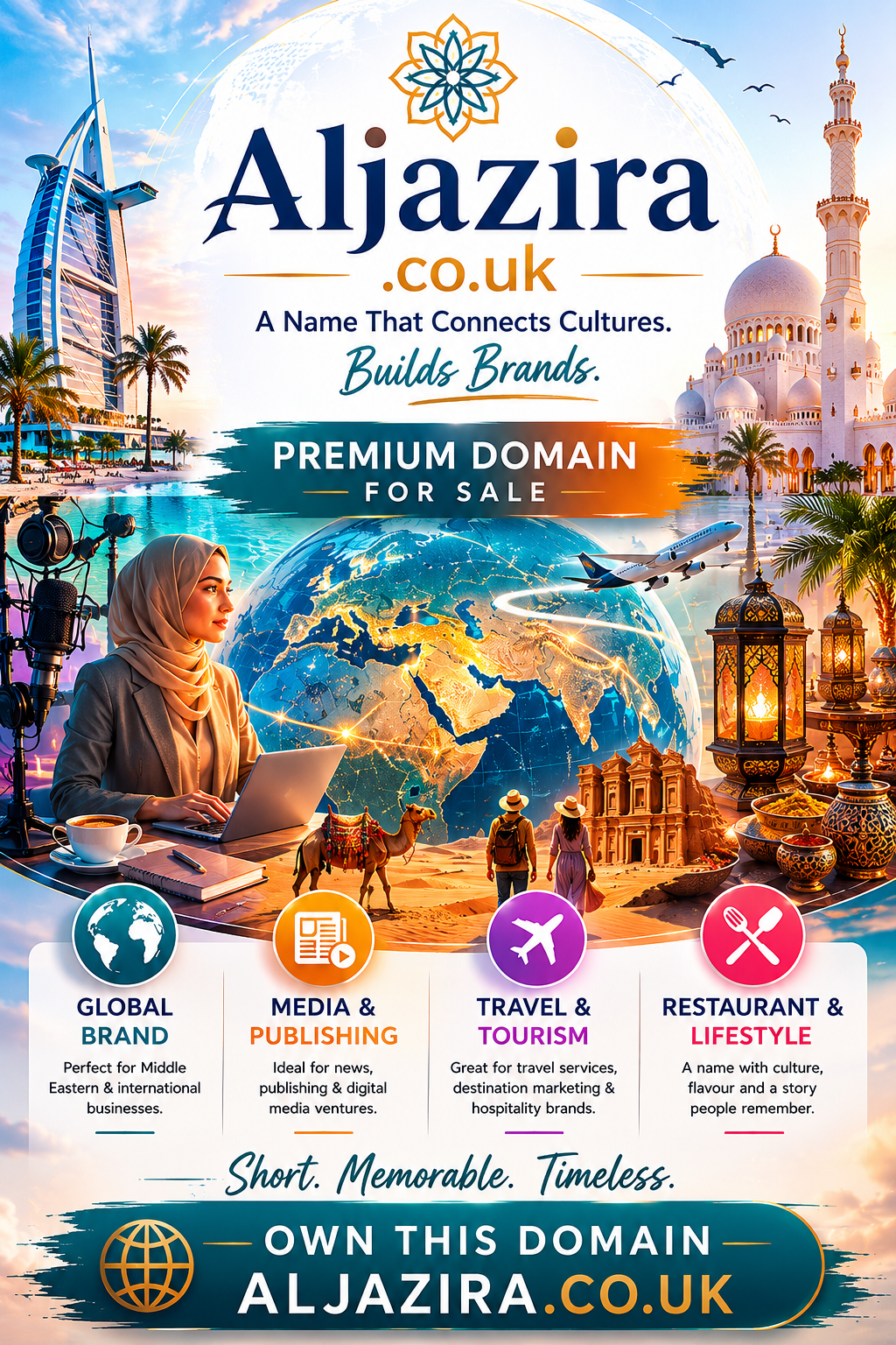 Promotional domain graphic featuring the domain Aljazira.co.uk, shown with Middle Eastern travel and media-inspired visuals. Style: elegant, international and professional.