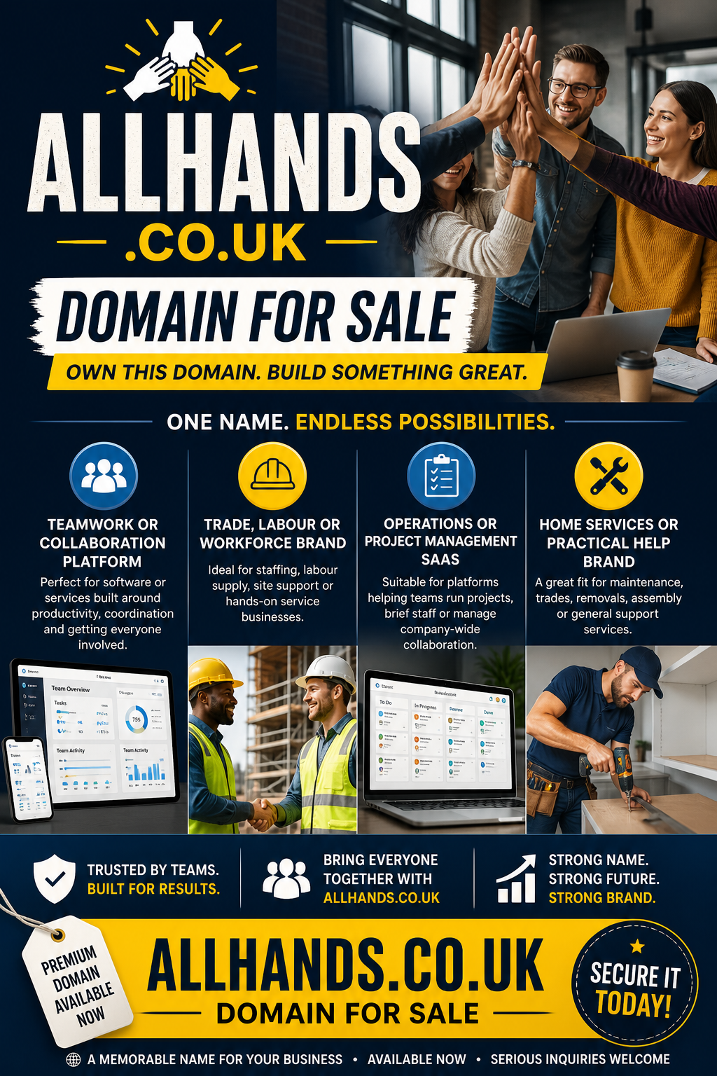 Promotional graphic featuring the domain allhands.co.uk, shown with team high-five and icons. Style: modern business