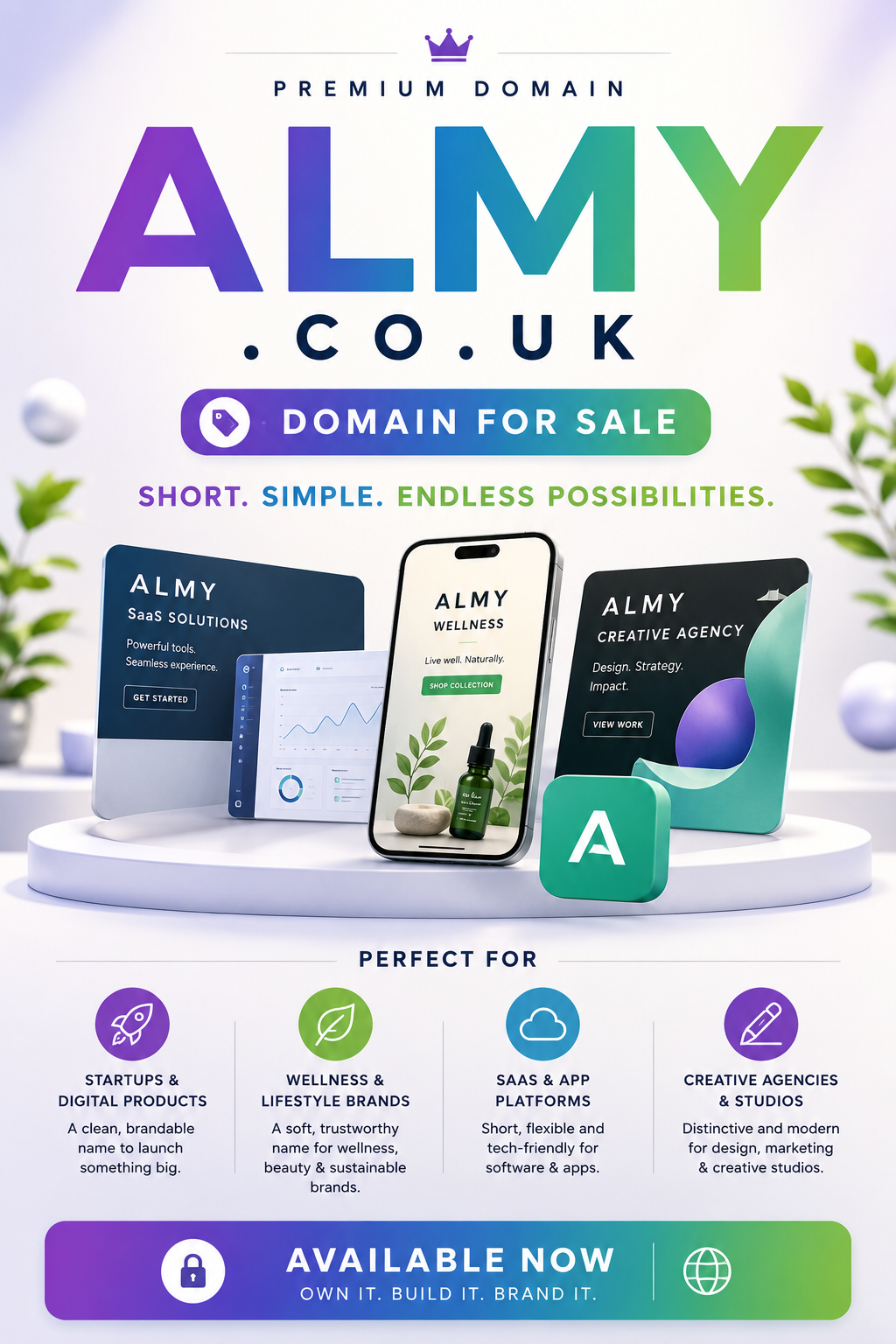 Promotional domain graphic featuring the domain ALMY.co.uk with startup, wellness and SaaS icons. Style: bright modern branding.