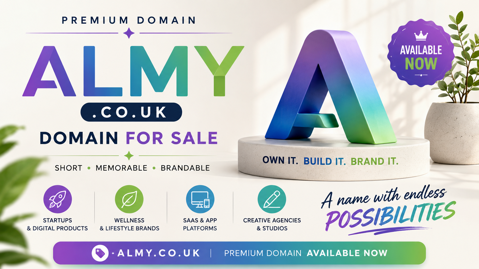 Promotional domain graphic featuring the domain ALMY.co.uk with startup, wellness and SaaS icons. Style: bright modern branding.