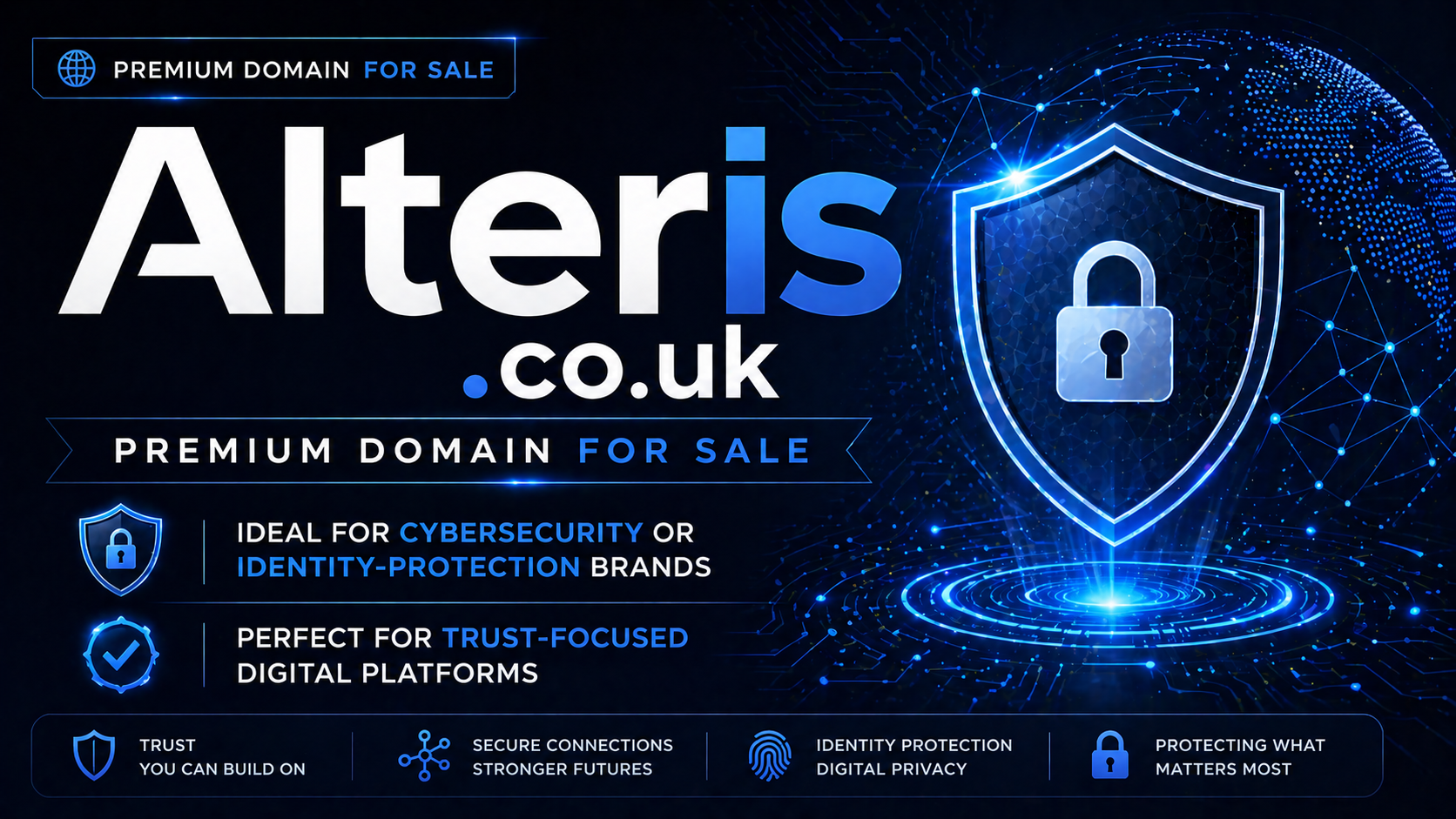 Promo banner featuring the domain Alteris.co.uk with bold text, shield icons and network lines. Style: modern, secure, enterprise tech.