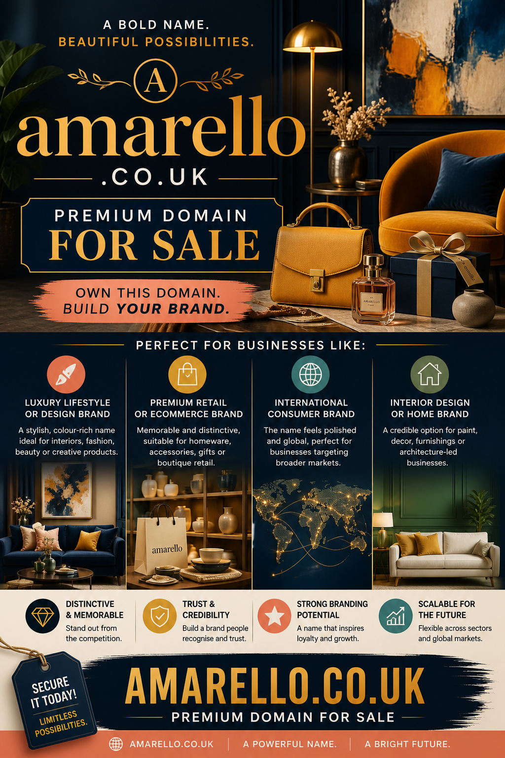 Promotional graphic featuring the domain amarello.co.uk, shown with luxury interior and handbag. Style: elegant premium