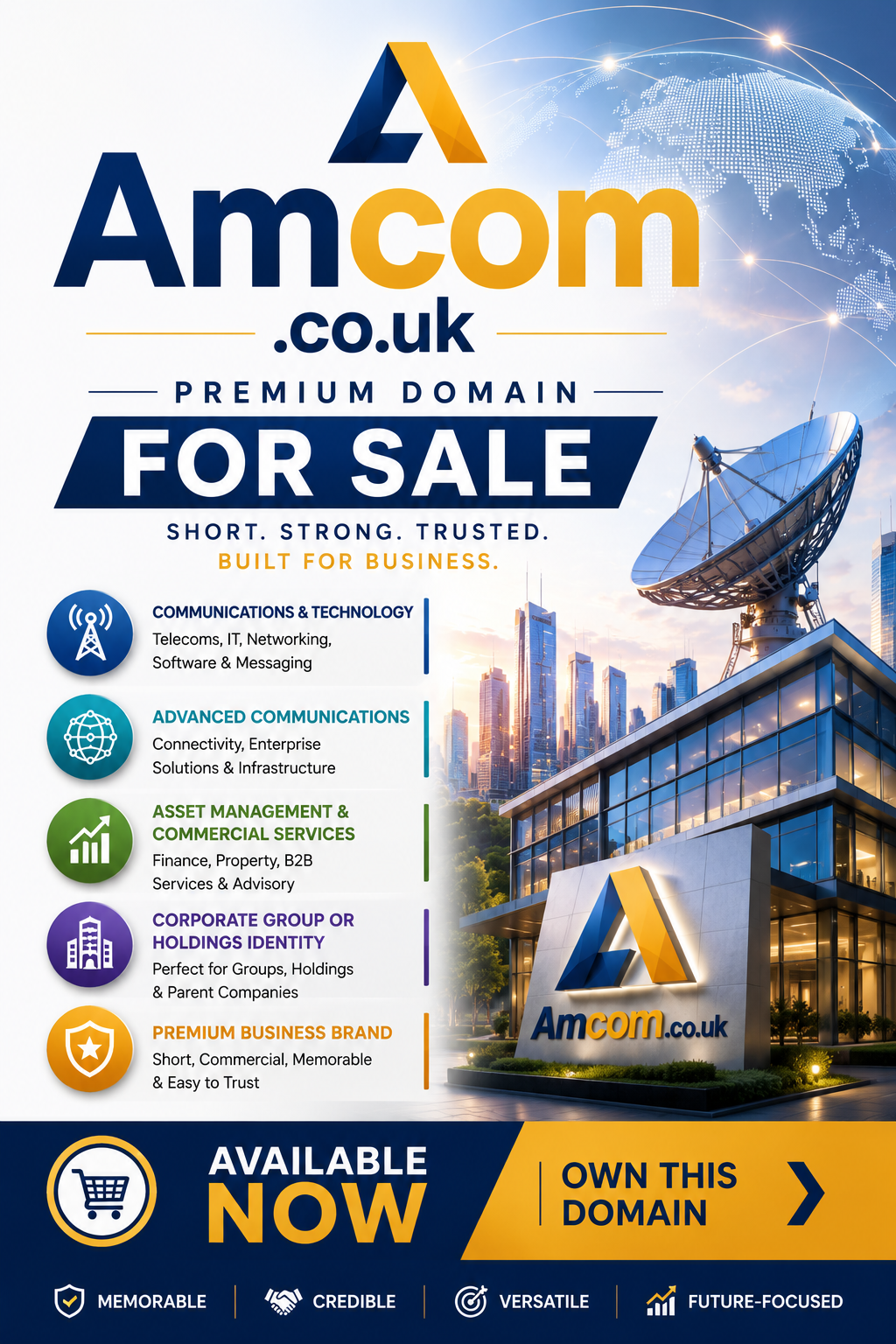 Promotional graphic featuring the domain Amcom.co.uk, shown with communications, networking and corporate business icons. Style: modern premium branding.