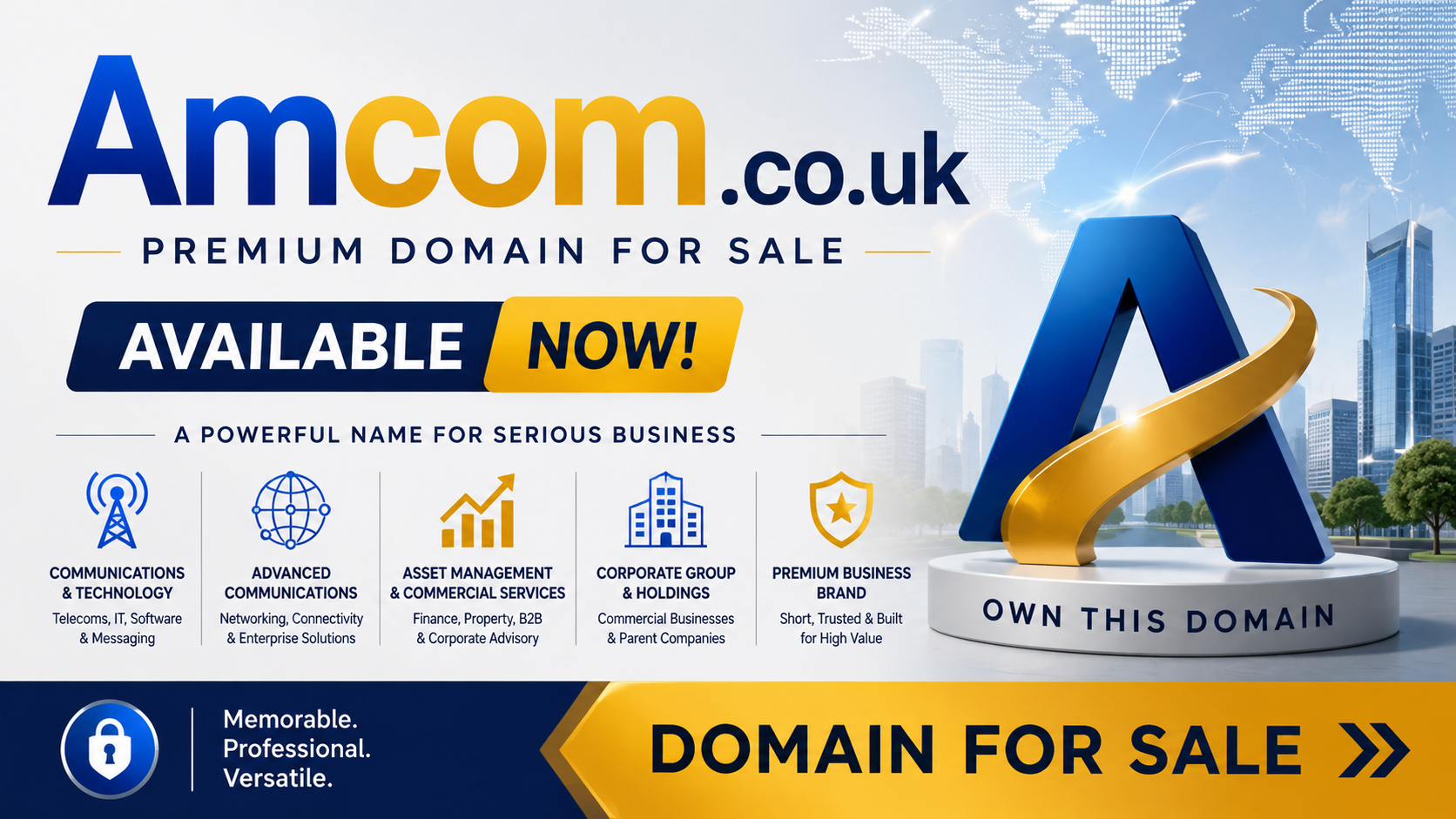 Promotional graphic featuring the domain Amcom.co.uk, shown with communications, networking and corporate business icons. Style: modern premium branding.