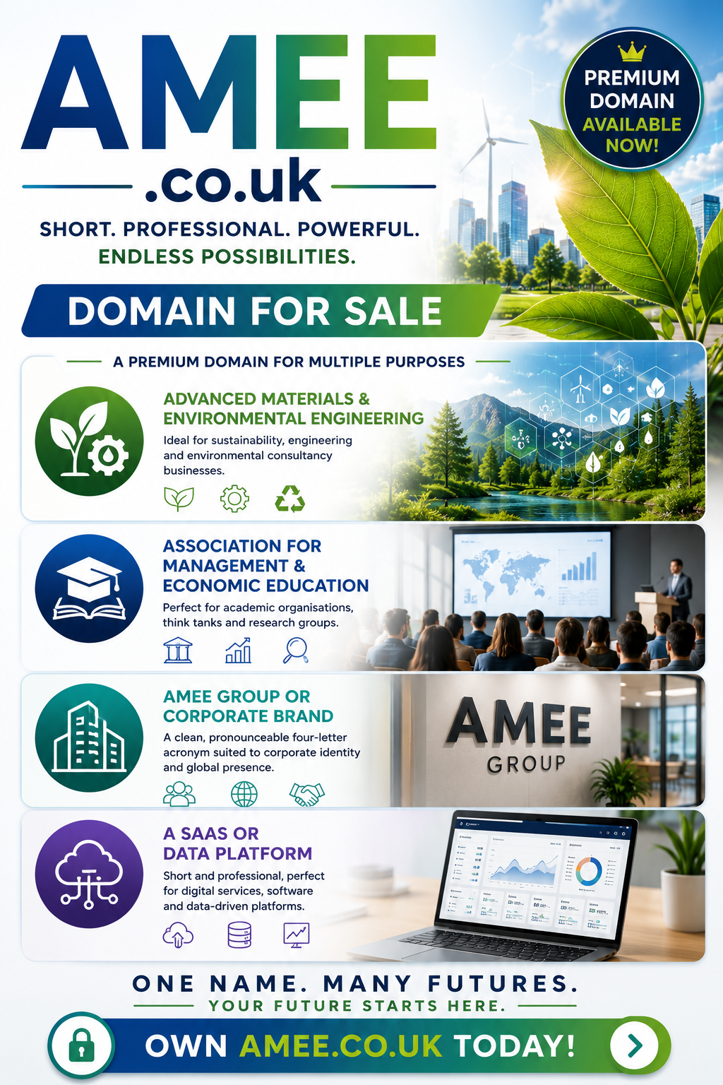Promotional graphic featuring the domain AMEE.co.uk, shown with sustainability, corporate and SaaS-themed visuals and modern business icons. Style: bright eco-tech professional branding.