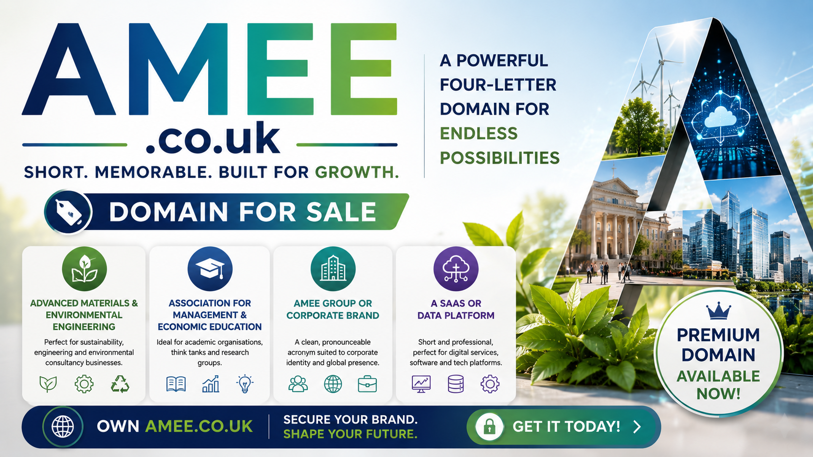 Promotional graphic featuring the domain AMEE.co.uk, shown with sustainability, corporate and SaaS-themed visuals and modern business icons. Style: bright eco-tech professional branding.