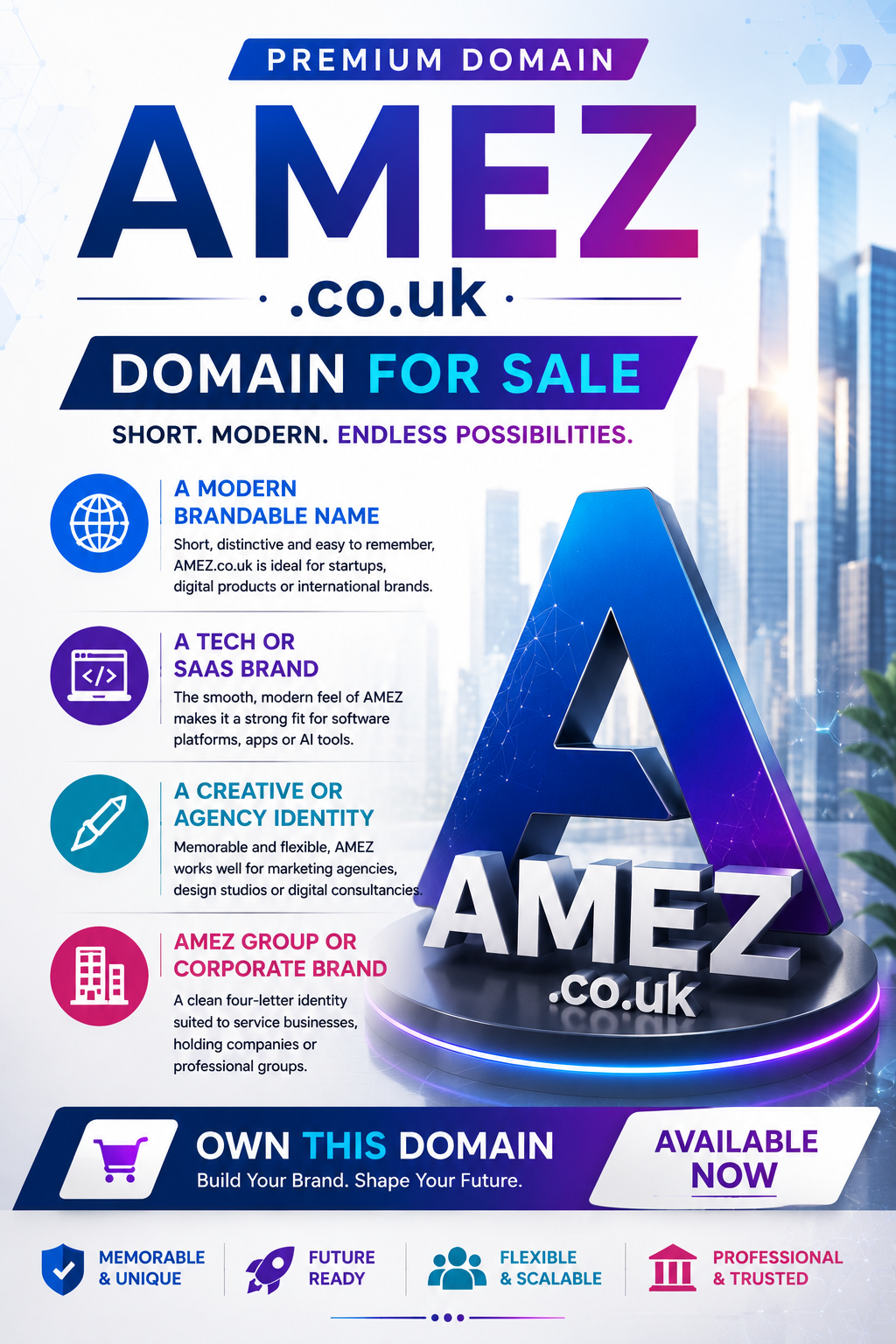 Promotional domain graphic featuring AMEZ.co.uk, shown with a futuristic 3D lettermark and startup-tech icons. Style: bright modern tech branding.
