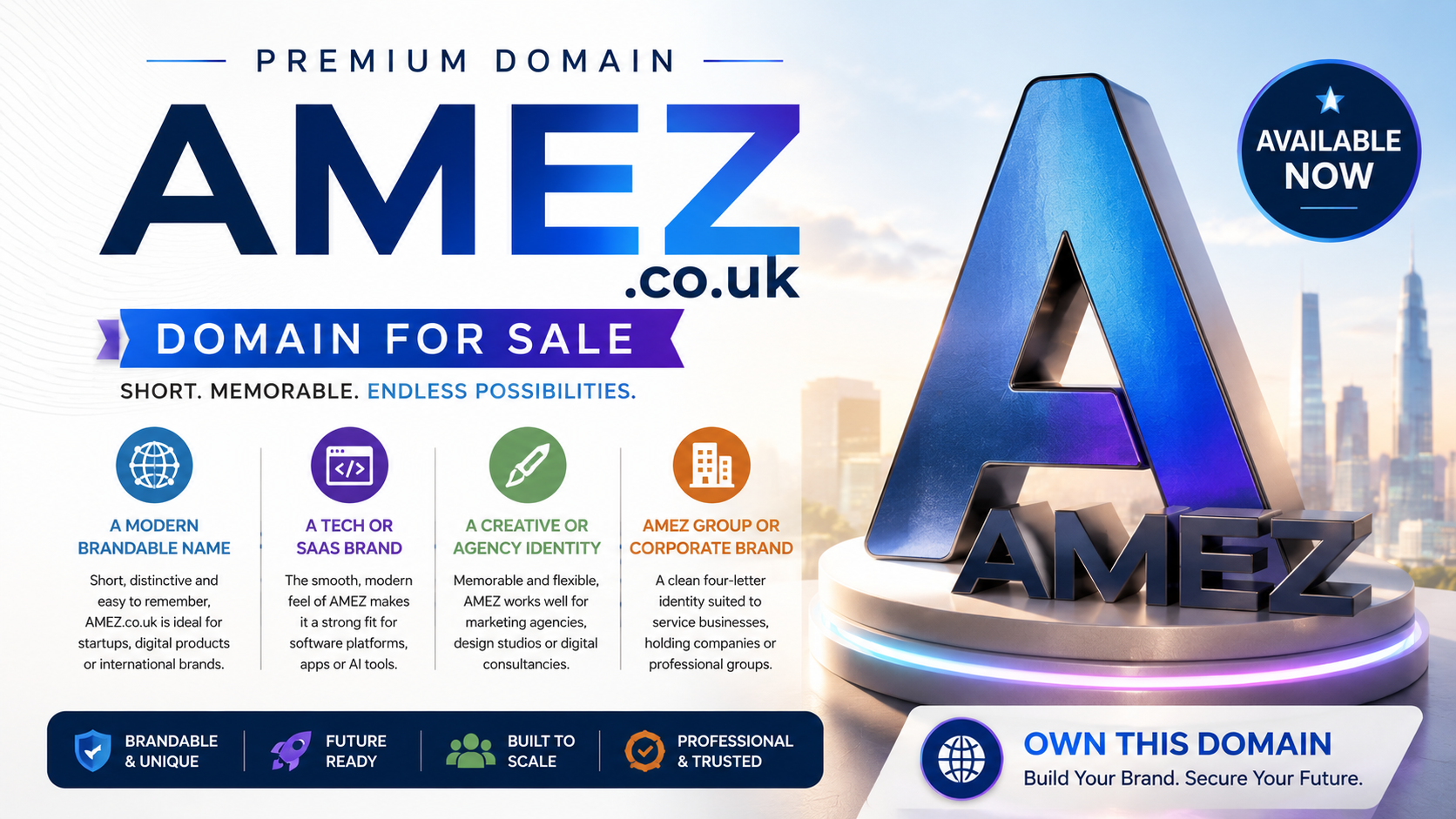Promotional domain graphic featuring AMEZ.co.uk, shown with a futuristic 3D lettermark and startup-tech icons. Style: bright modern tech branding.