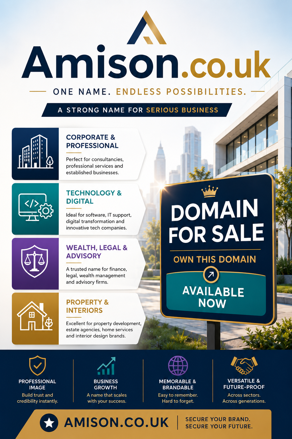 Promotional graphic featuring the domain Amison.co.uk, shown with corporate, technology and property icons plus domain-for-sale signage. Style: bright premium business branding.