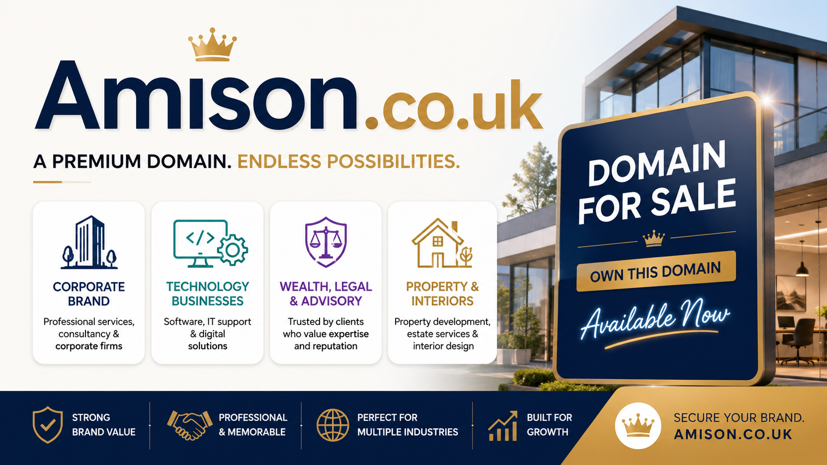 Promotional graphic featuring the domain Amison.co.uk, shown with corporate, technology and property icons plus domain-for-sale signage. Style: bright premium business branding.