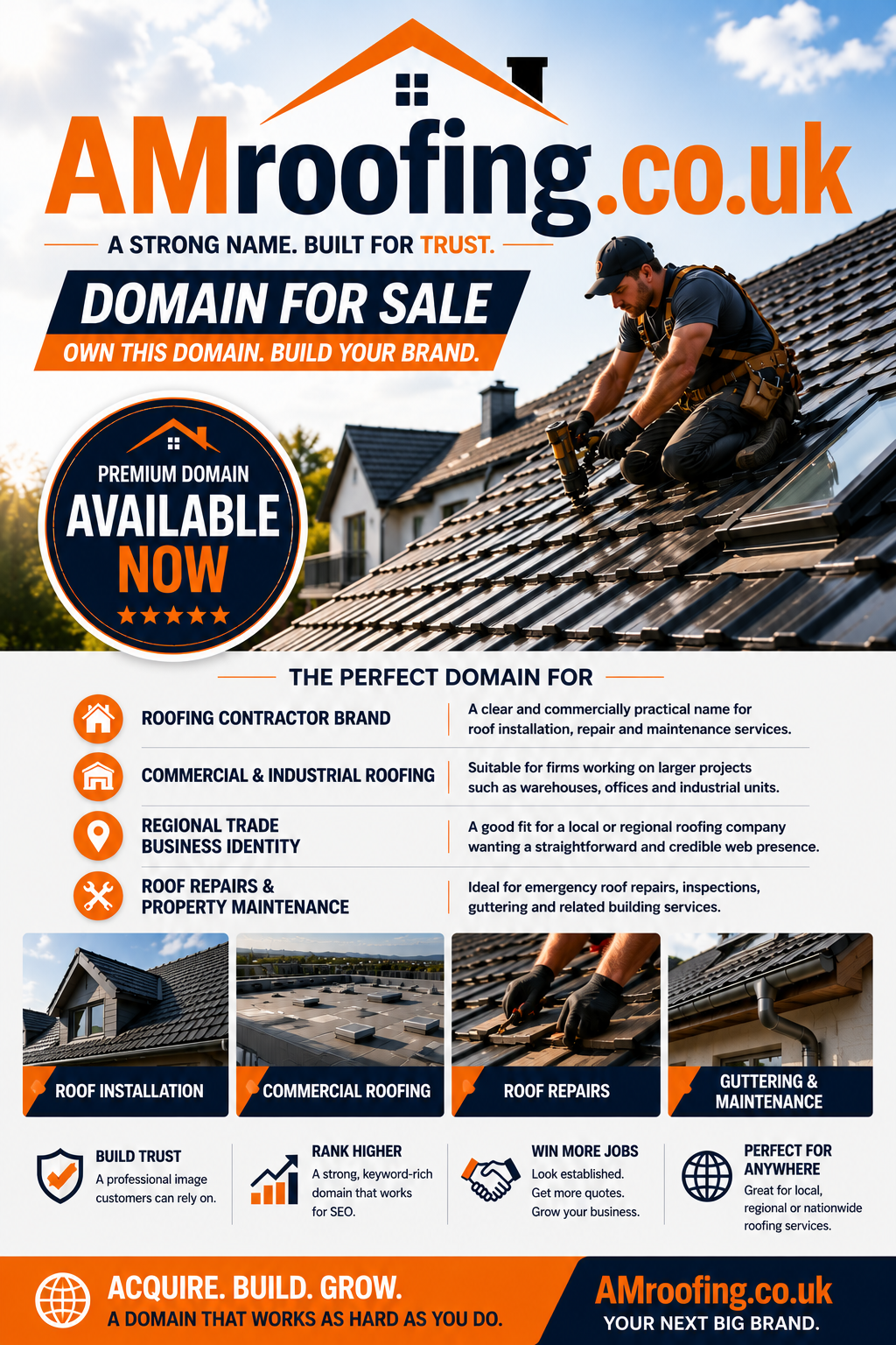 Promotional graphic featuring the domain AMroofing.co.uk, shown with a professional roofer and modern roof installations. Style: bright, trustworthy trade branding.