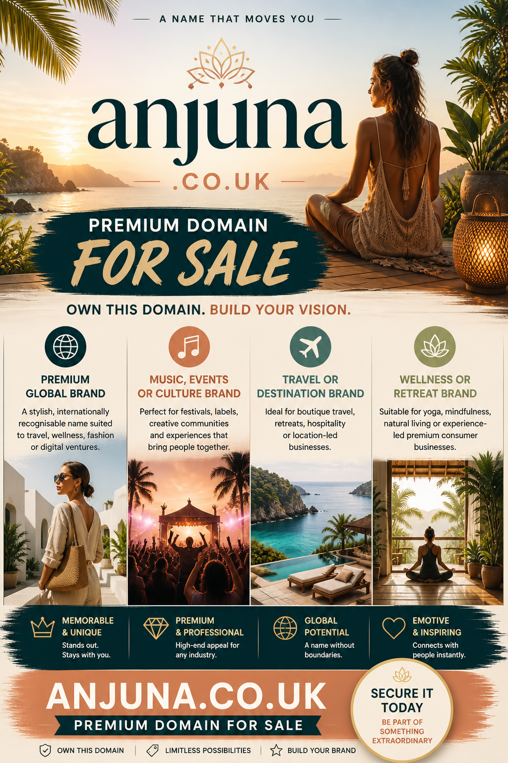 Promotional graphic featuring the domain anjuna.co.uk, shown with beach sunset and yoga pose. Style: tropical premium