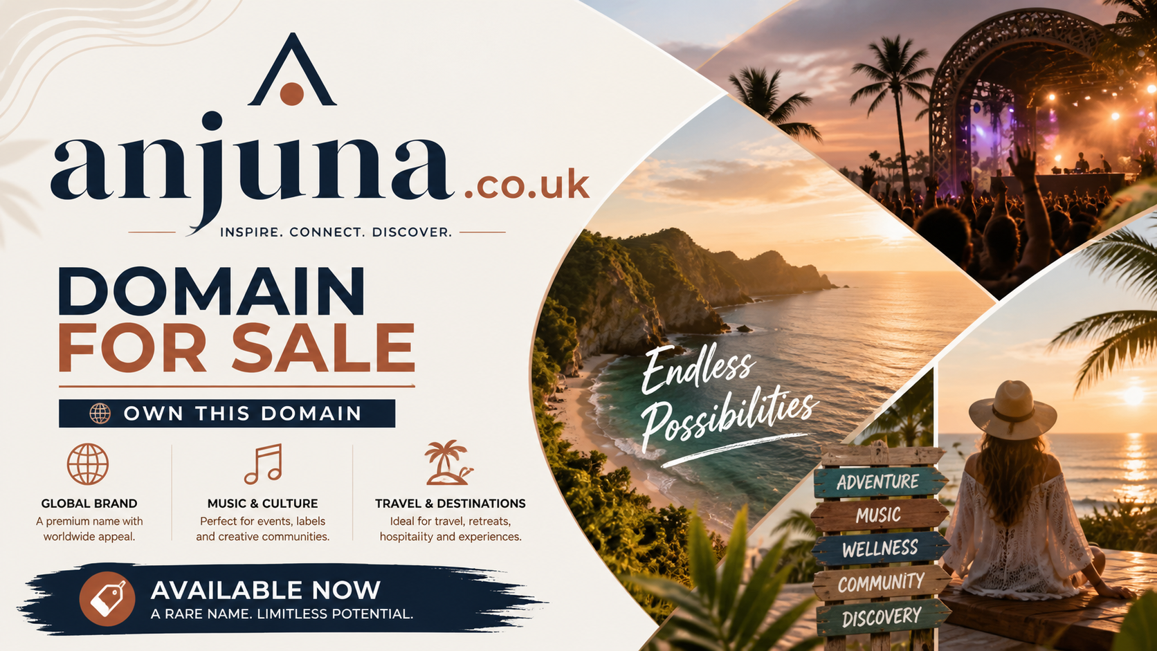 Promotional graphic featuring the domain anjuna.co.uk, shown with beach scene and festival stage. Style: vibrant lifestyle travel.