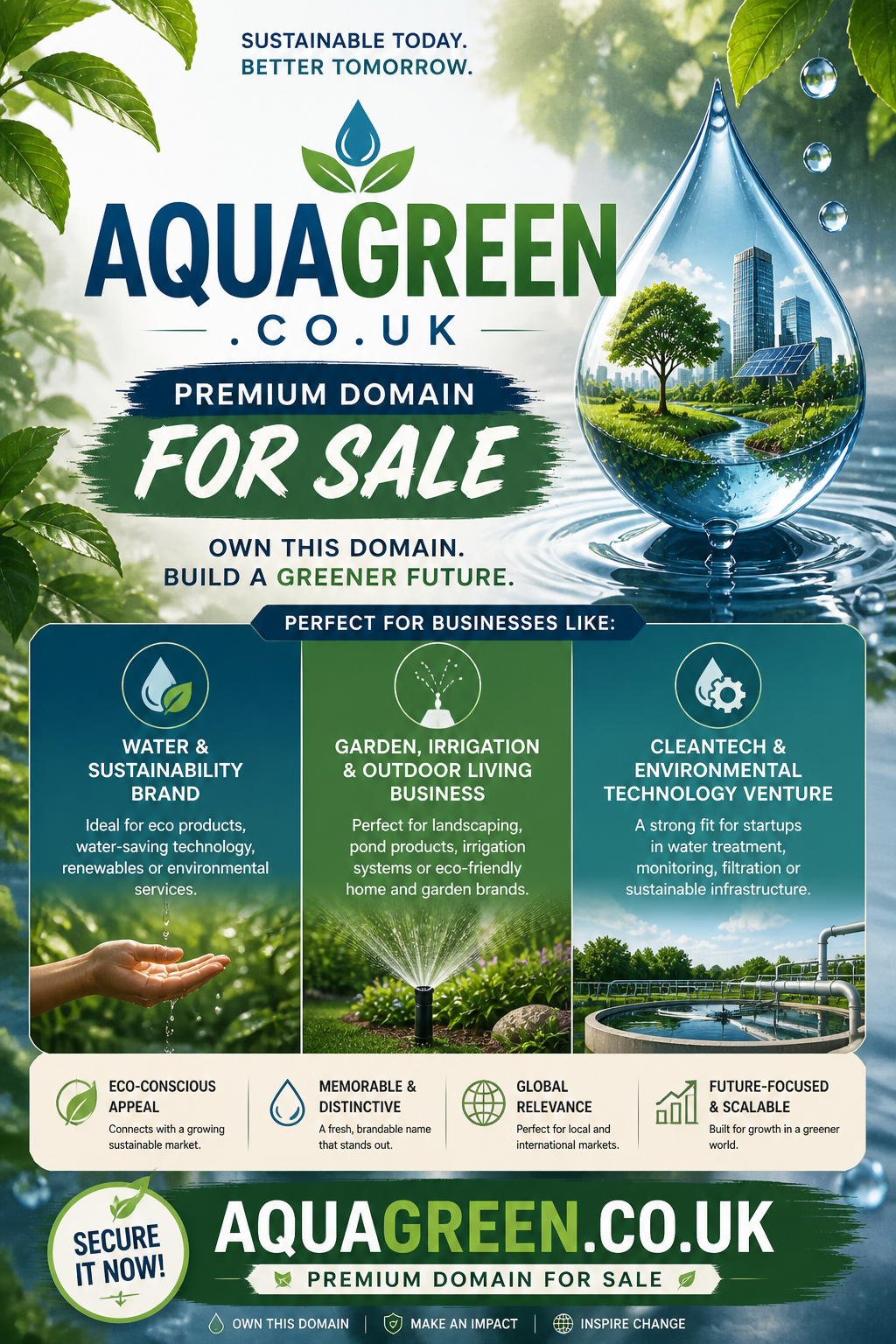 Promotional graphic featuring the domain aquagreen.co.uk, shown with water droplet and greenery. Style: clean eco