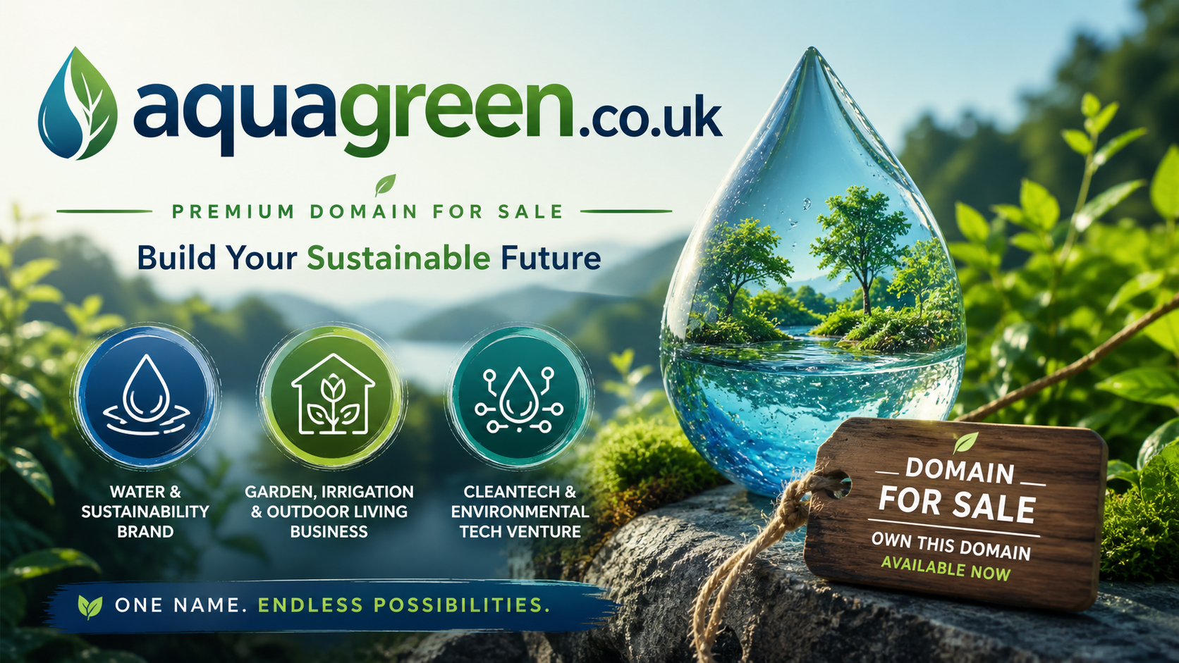Promotional banner featuring the domain aquagreen.co.uk, shown with water droplet landscape and eco icons. Style: clean modern green tech.