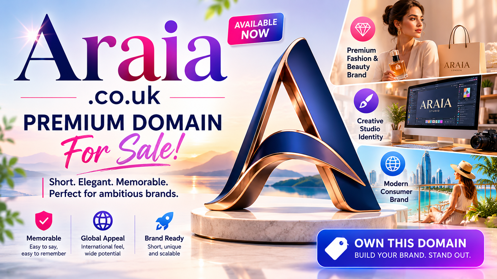Promotional graphic featuring the domain Araia.co.uk, shown with luxury fashion imagery and a sculpted A monogram. Style: elegant modern branding.