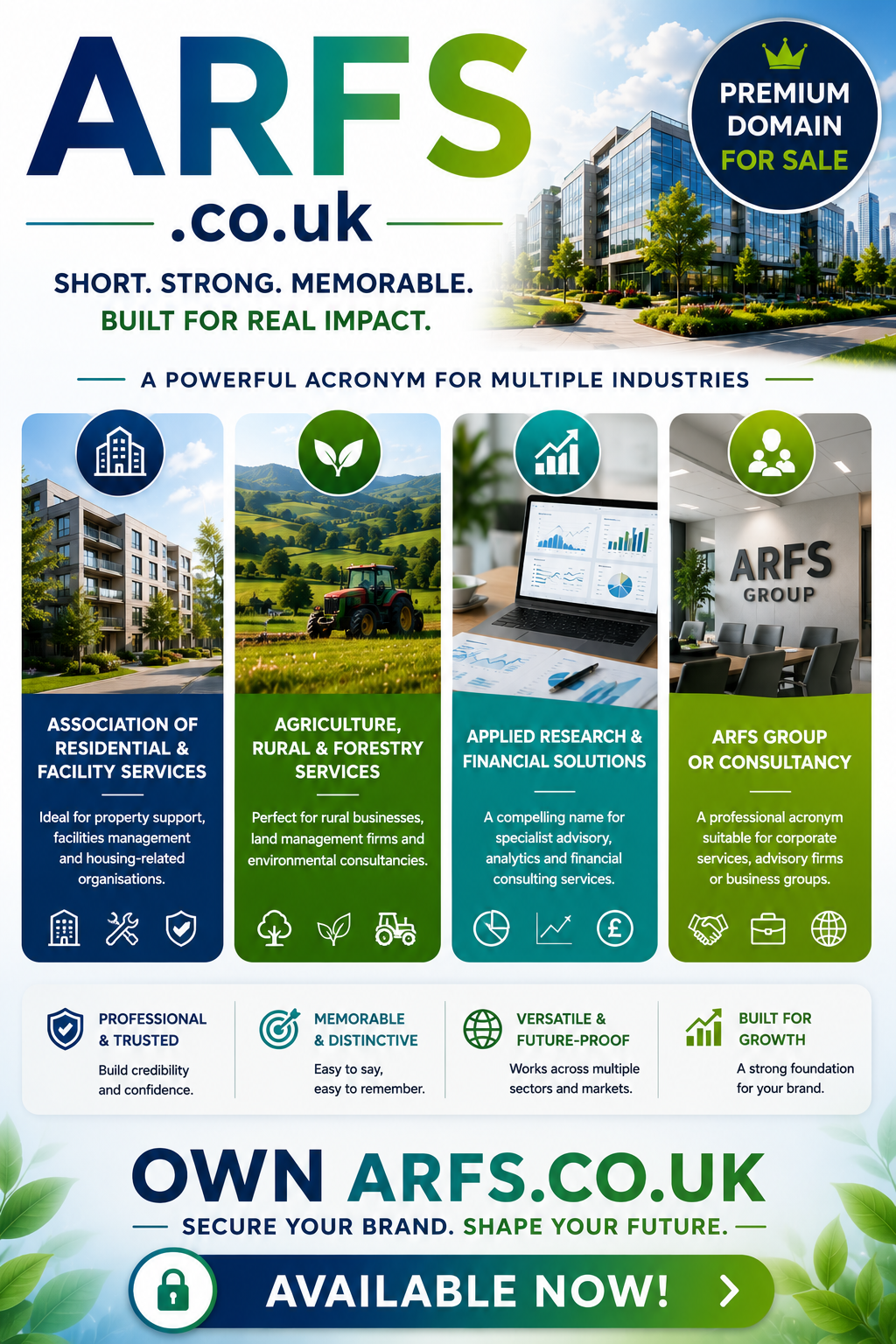 Promotional graphic featuring the domain ARFS.co.uk, shown with property, agriculture, finance and consultancy visuals. Style: bright modern corporate branding.