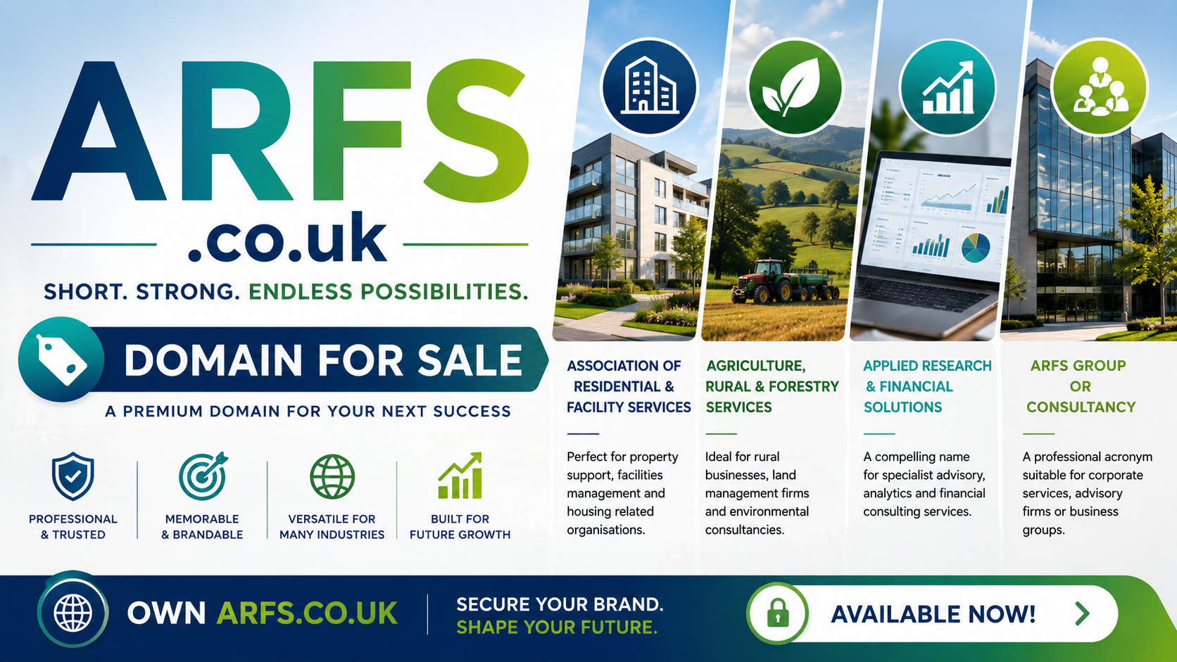 Promotional graphic featuring the domain ARFS.co.uk, shown with property, agriculture, finance and consultancy visuals. Style: bright modern corporate branding.