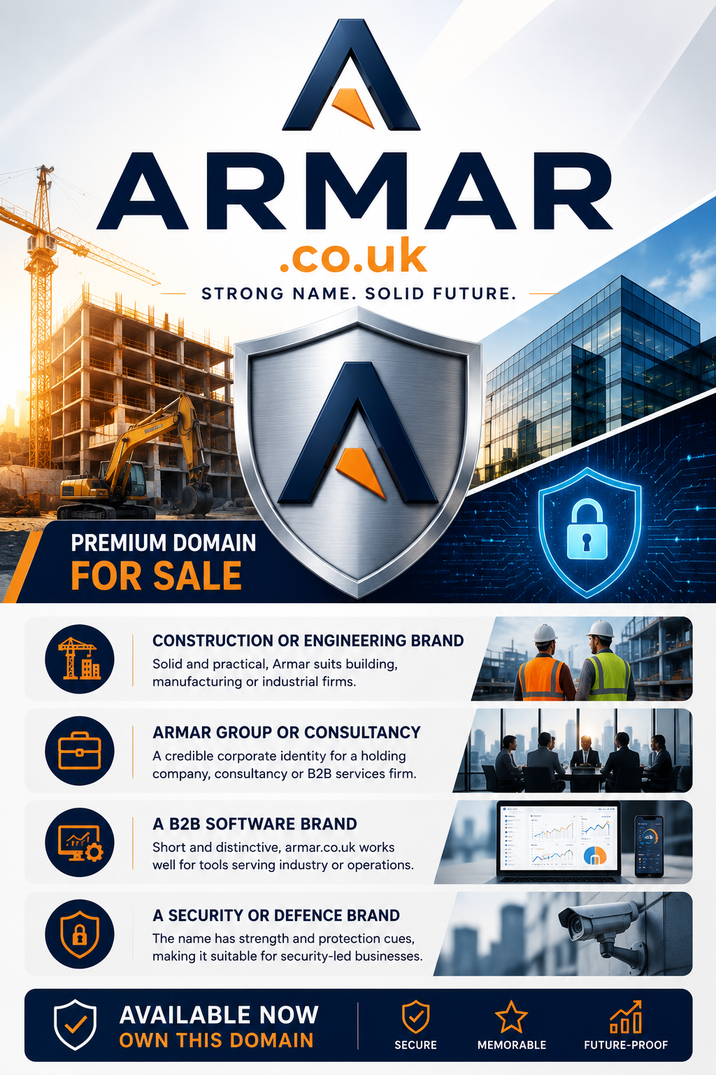Promotional graphic featuring the domain Armar.co.uk, shown with industrial-inspired branding and shield-style iconography. Style: bright corporate modern.