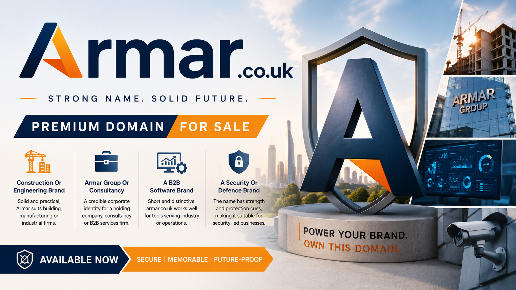 Promotional graphic featuring the domain Armar.co.uk, shown with industrial-inspired branding and shield-style iconography. Style: bright corporate modern.