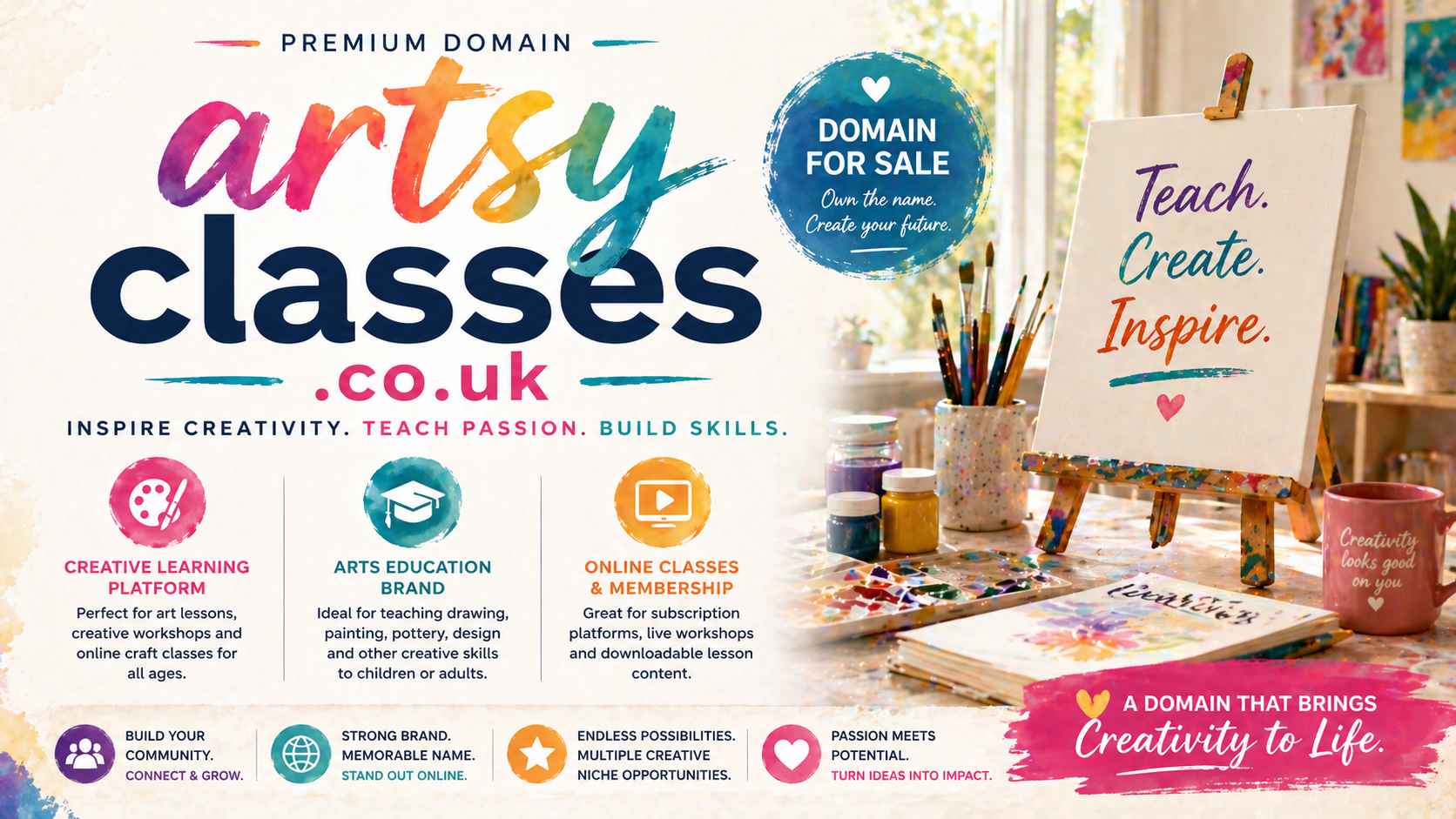 Promo banner featuring the domain artsyclasses.co.uk with colourful paint splashes, easel and art supplies, in a bright creative studio-style layout.